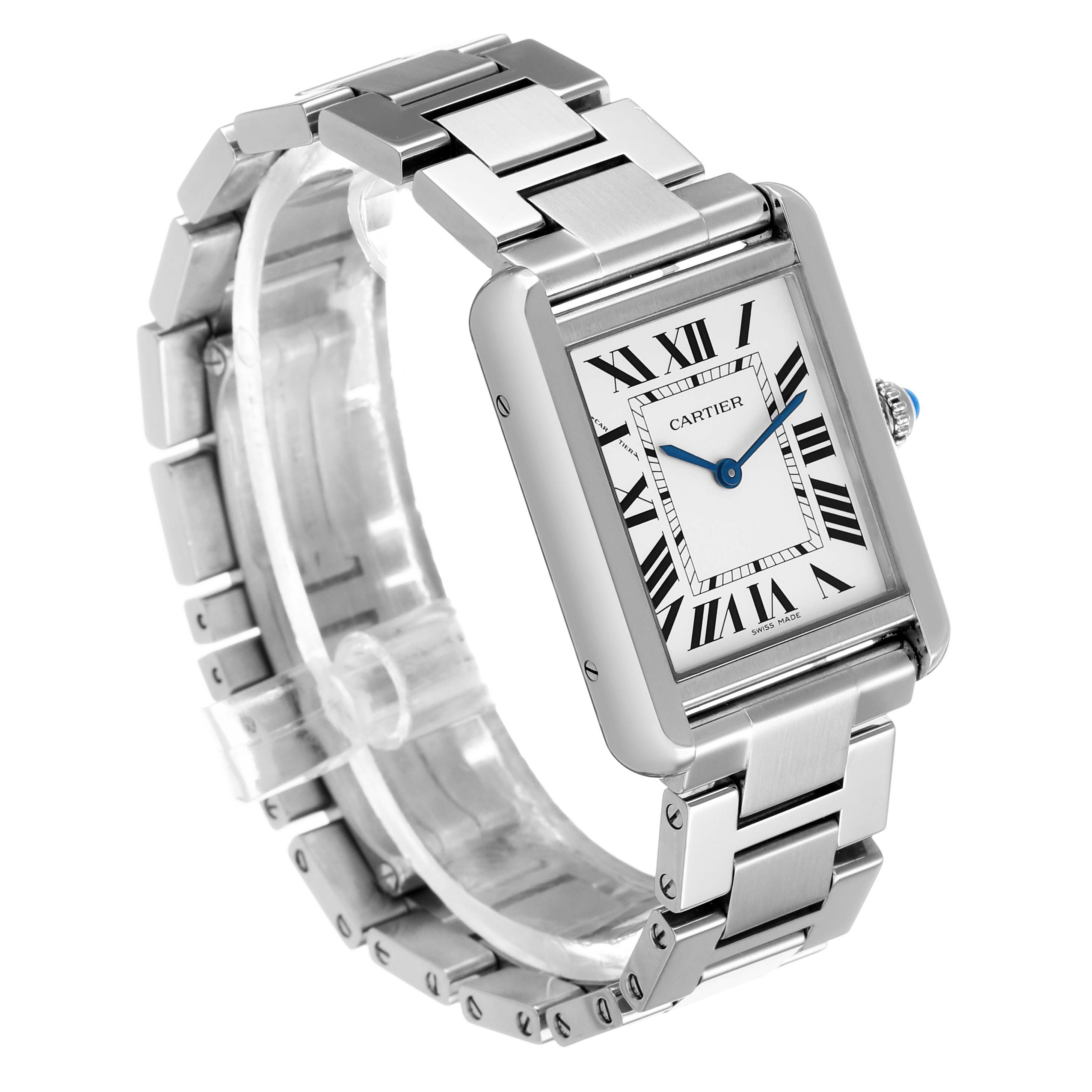 The Cartier Tank Solo W5200013 Women's Stainless Steel Silver Dial watch is shown at a slight angle, highlighting its rectangular face, Roman numerals, and stainless steel bracelet.