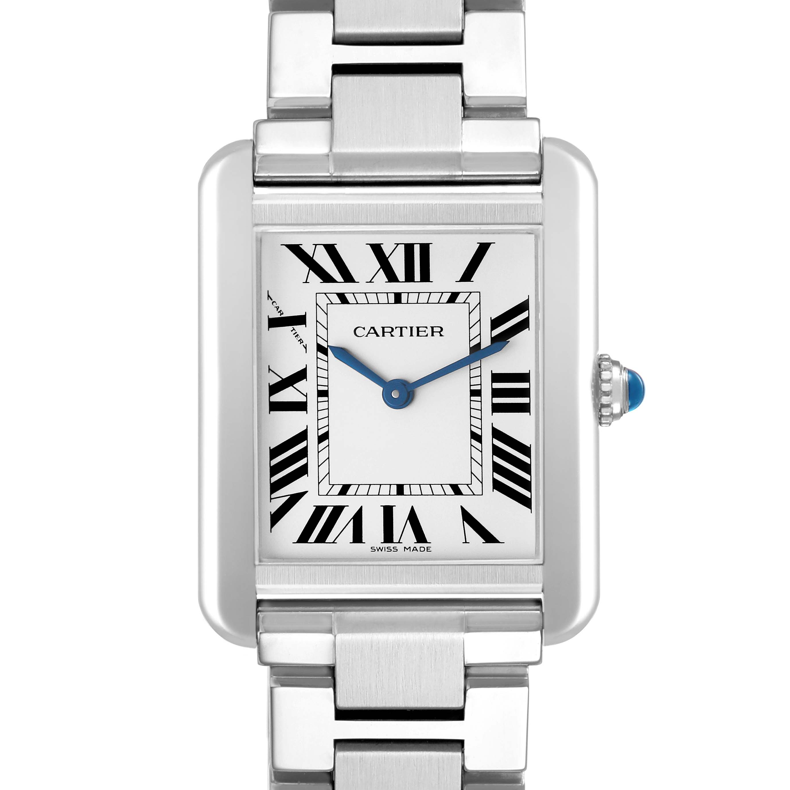 The Cartier Tank Solo W5200013 Women's Stainless Steel Silver Dial watch is shown from the front, displaying its rectangular face and silver metal bracelet.