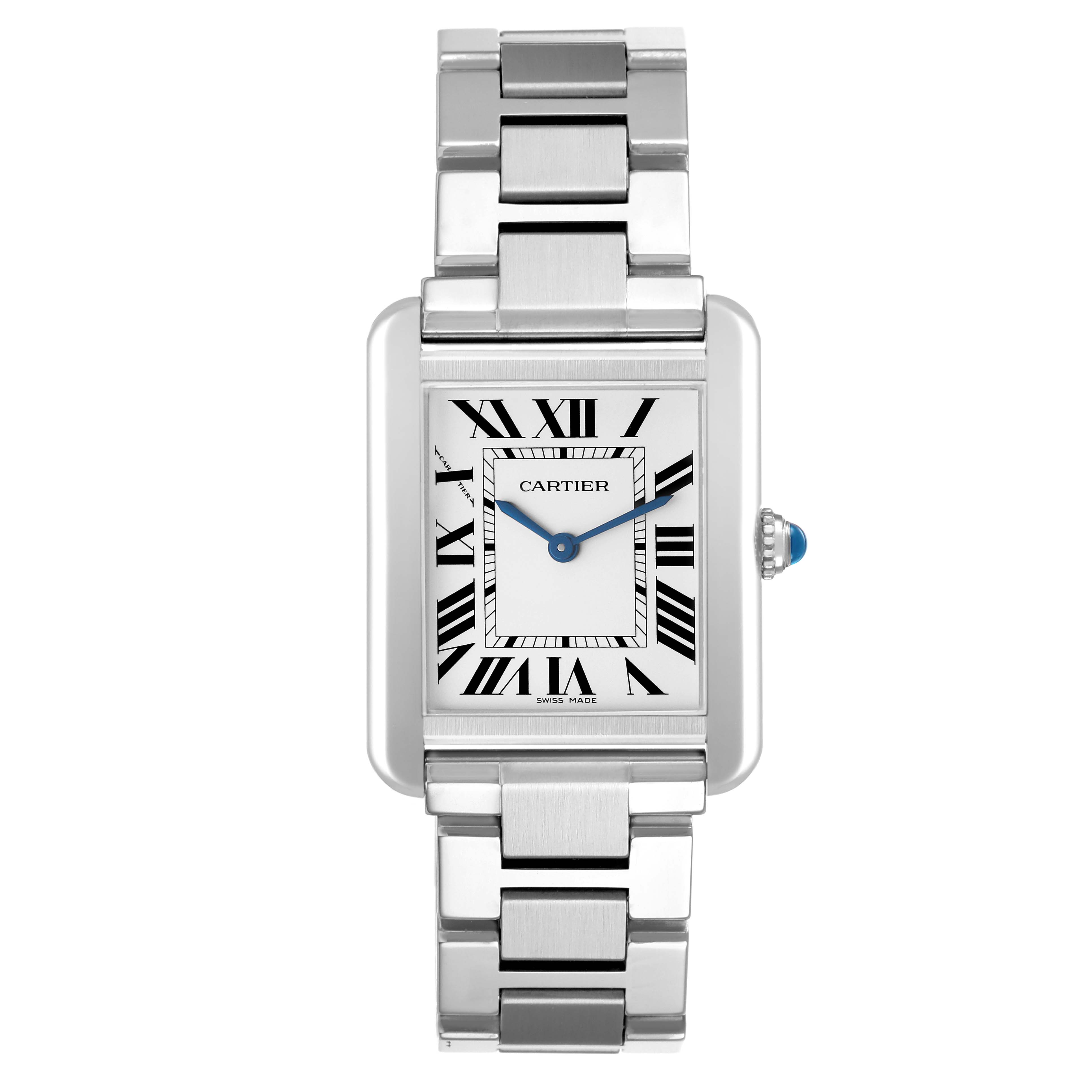 The Cartier Tank Solo W5200013 Women's Stainless Steel Silver Dial watch is shown from a front view, displaying its rectangular face, roman numerals, and bracelet.