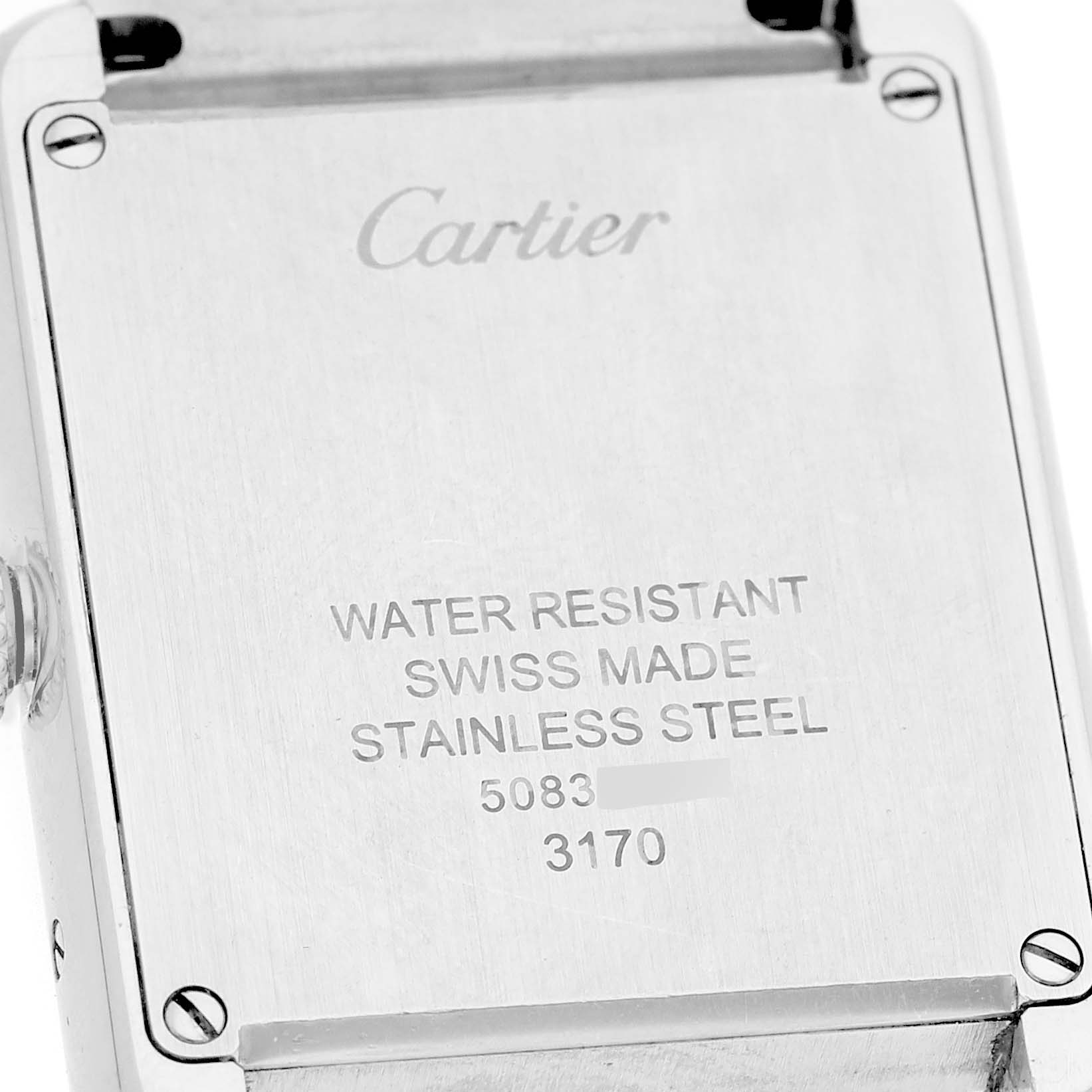 The image shows the back of the Cartier Tank Solo W5200013 Women's Stainless Steel Silver Dial, highlighting the stainless steel case and engraved details.