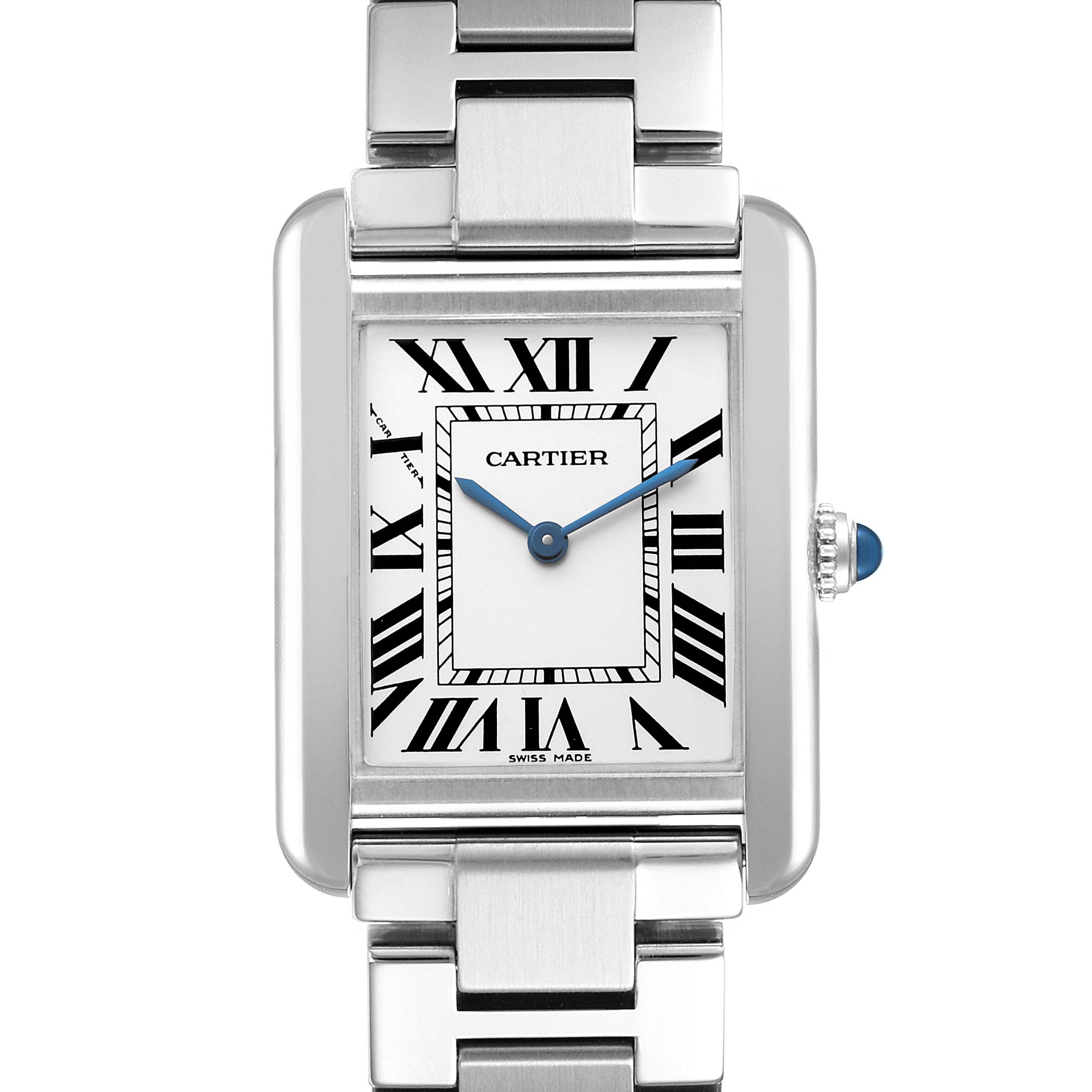 The Cartier Tank Solo W5200013 Women's Stainless Steel Silver Dial watch is shown from the front, highlighting its face, Roman numerals, and metal bracelet.