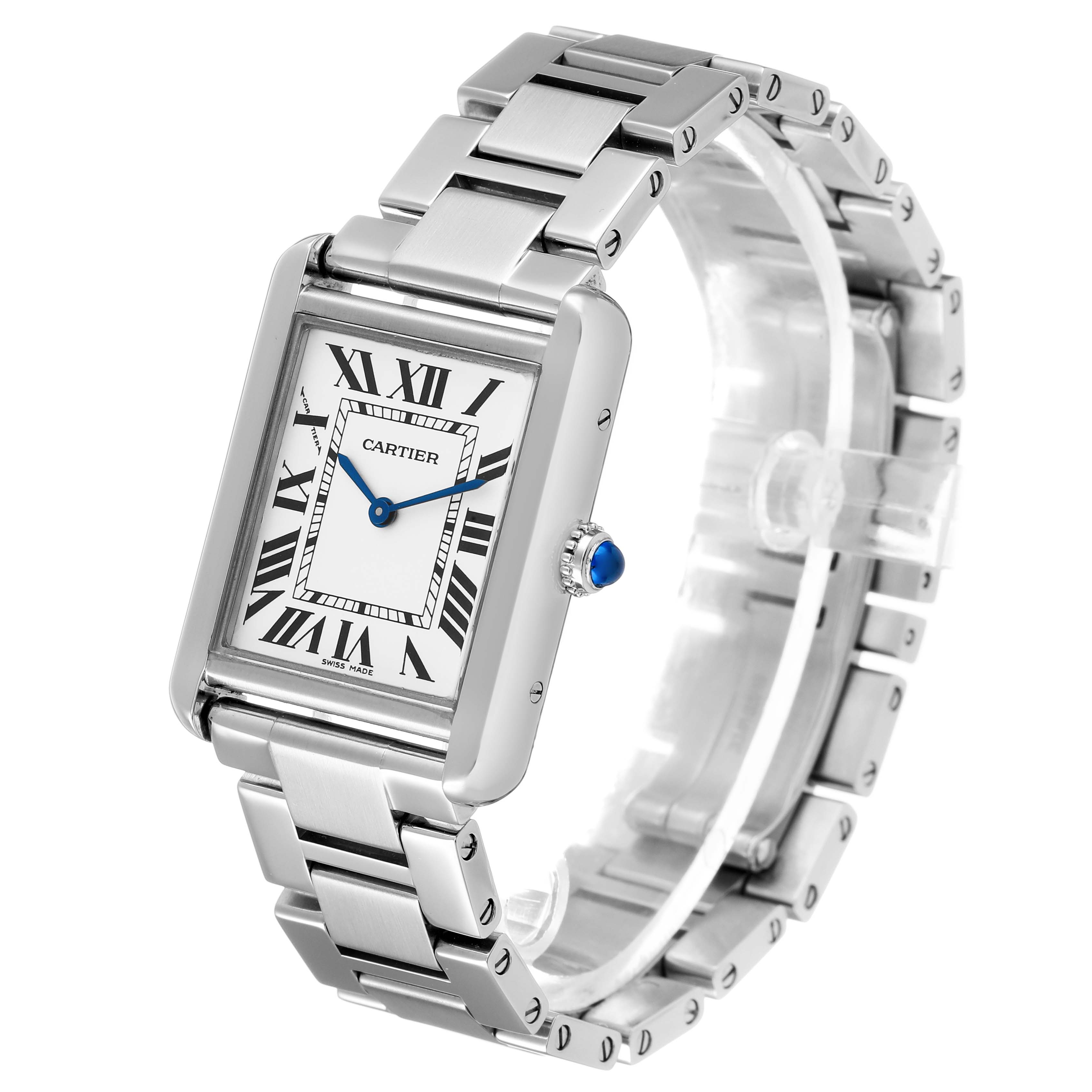 The Cartier Tank Solo W5200013 Women's Stainless Steel Silver Dial watch is shown at a three-quarter angle highlighting the face, crown, and metal bracelet.