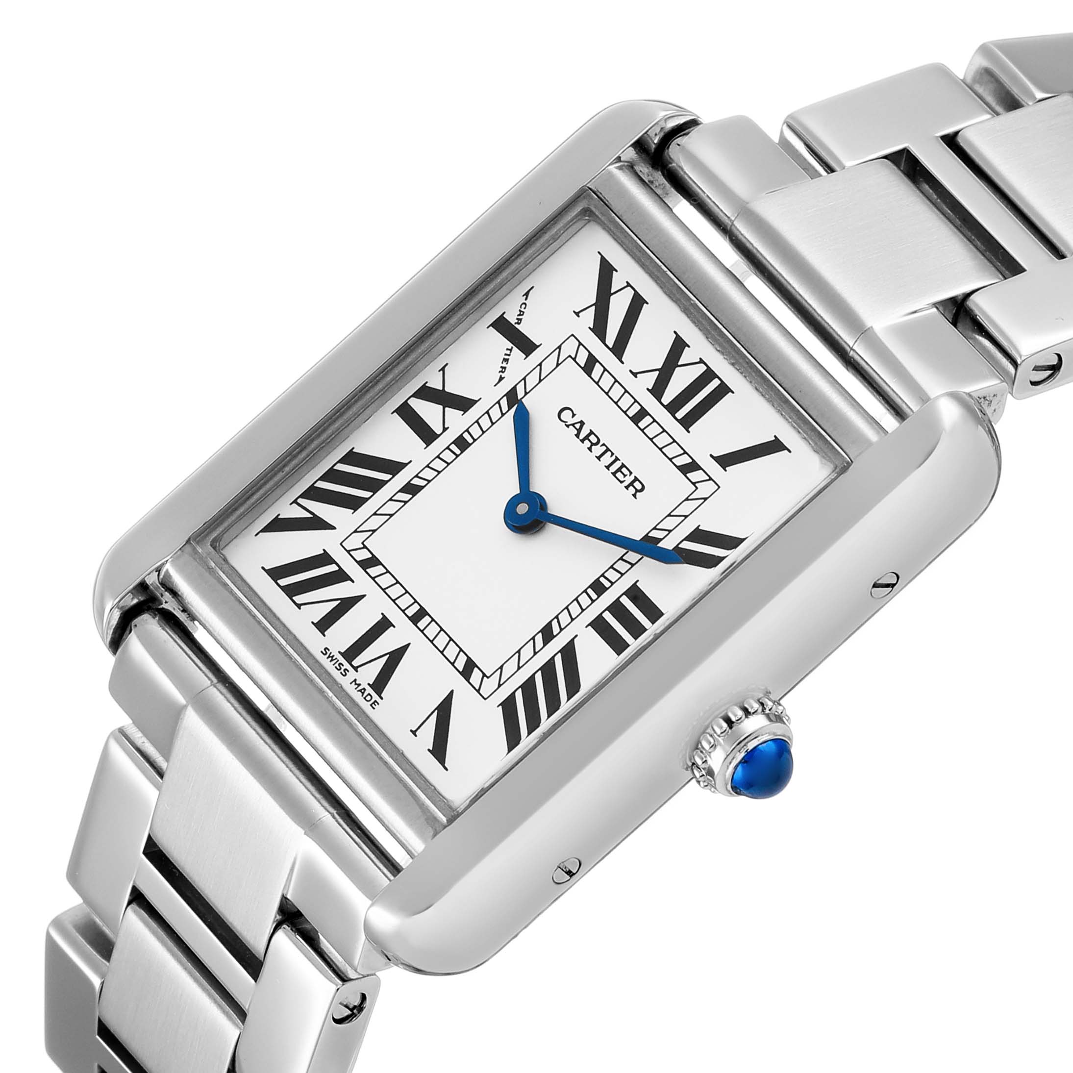 The Cartier Tank Solo W5200013 Women's Stainless Steel Silver Dial watch is shown at a slight angle highlighting the face, Roman numerals, blued hands, and metal bracelet.