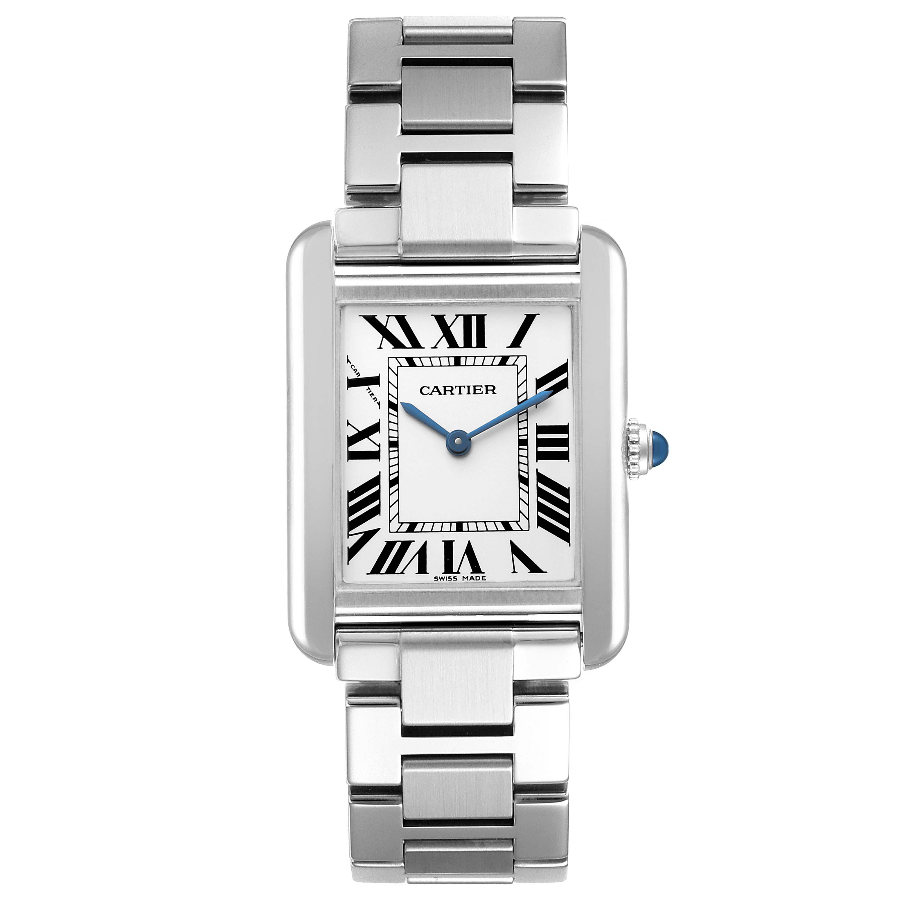 The Cartier Tank Solo W5200013 Women's Stainless Steel Silver Dial watch is shown from the front, displaying its rectangular face and metal bracelet.