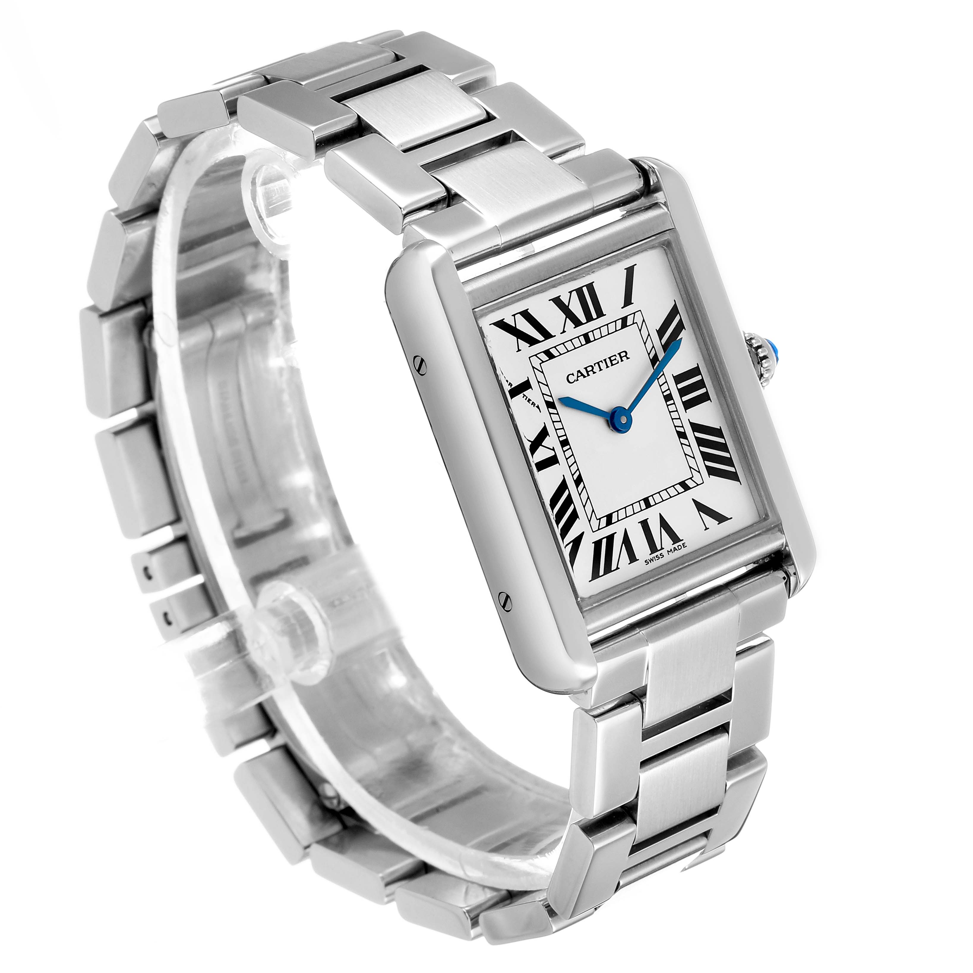 The Cartier Tank Solo W5200013 Women's Stainless Steel Silver Dial watch is shown at an angled side view, highlighting the face, Roman numerals, and metal bracelet.