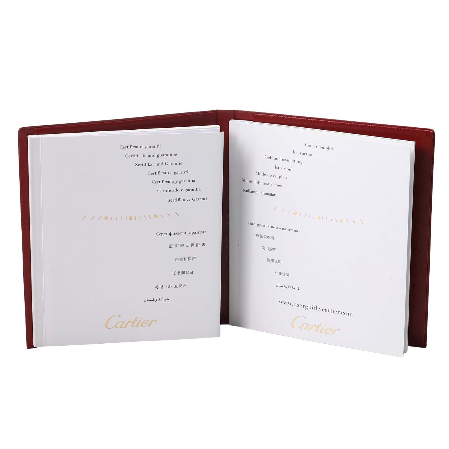 The image shows the open warranty and instruction booklet for the Cartier Tank Solo W5200013 Women's Stainless Steel Silver Dial watch.
