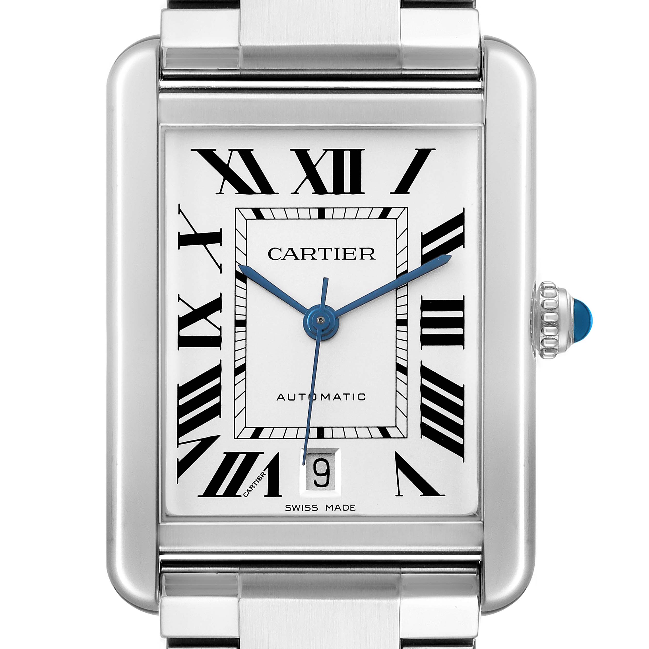This image shows a Cartier Tank Solo W5200028 Men's Stainless Steel Silver Dial watch face straight-on, highlighting its Roman numerals, blue hands, and rectangular stainless steel case.