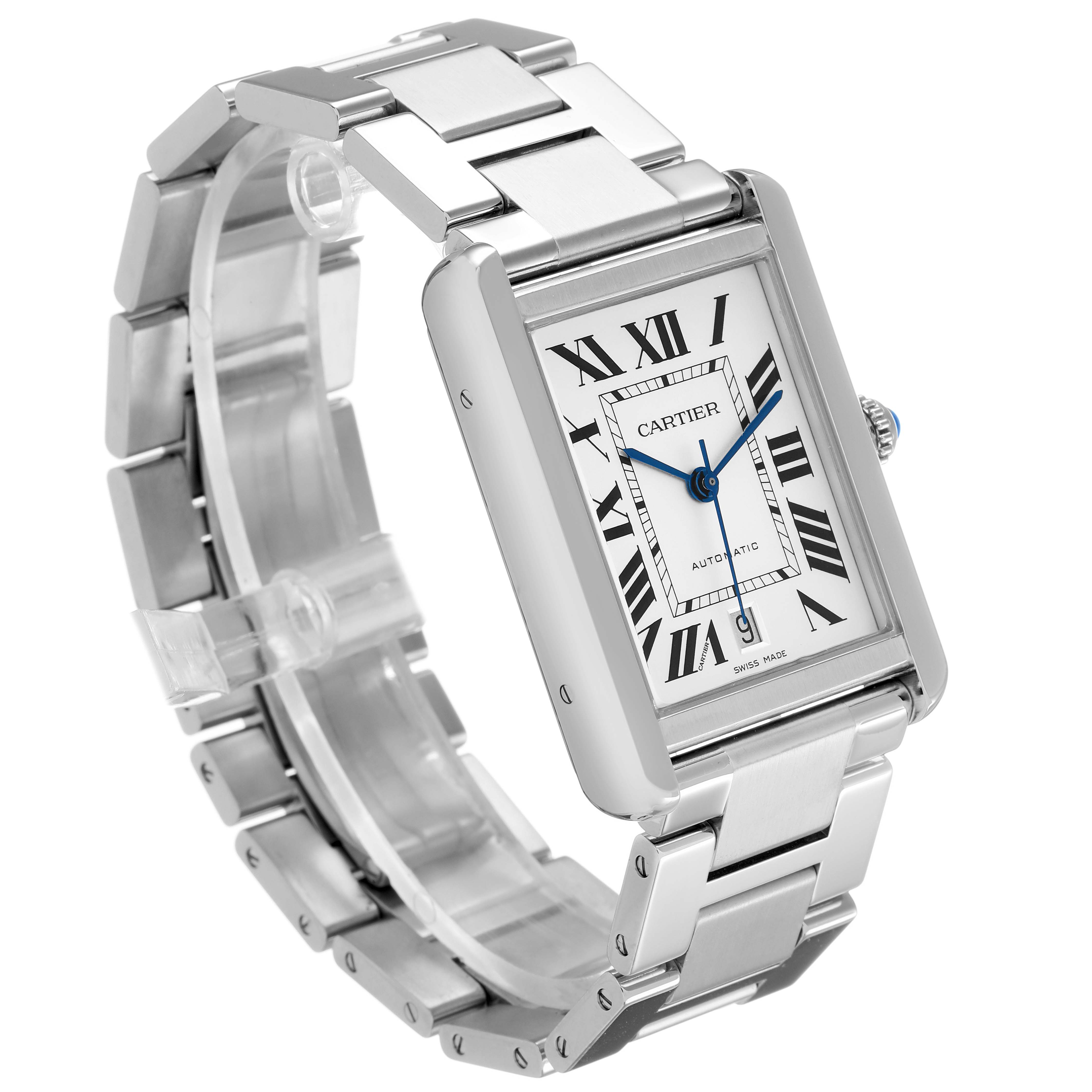 The Cartier Tank Solo W5200028 Men's Stainless Steel Silver Dial watch is shown at a three-quarter angle, highlighting its rectangular face and silver bracelet.