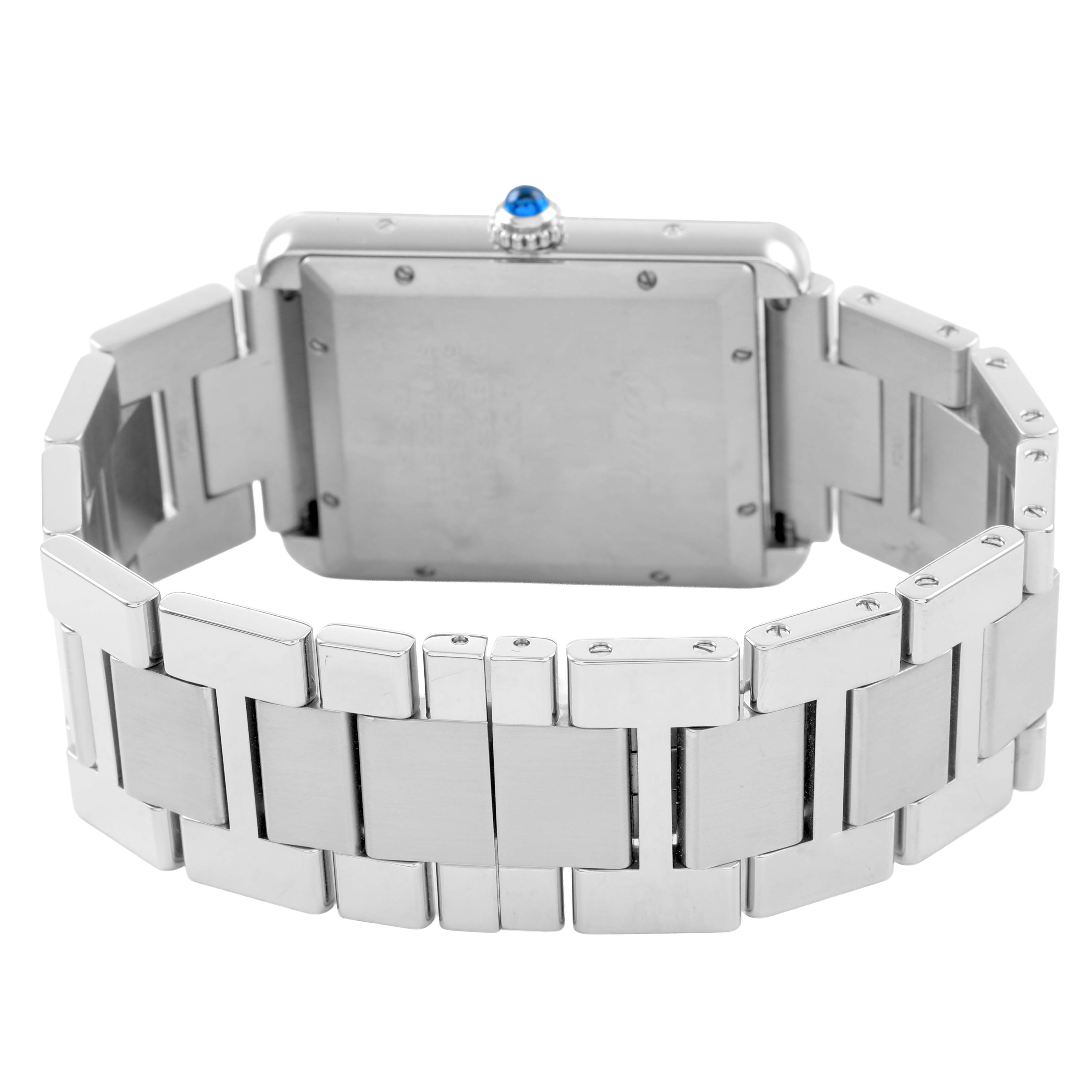 The image shows the back view of the Cartier Tank Solo W5200028 Men's Stainless Steel Silver Dial watch, highlighting the metal bracelet and case back with a blue crown.