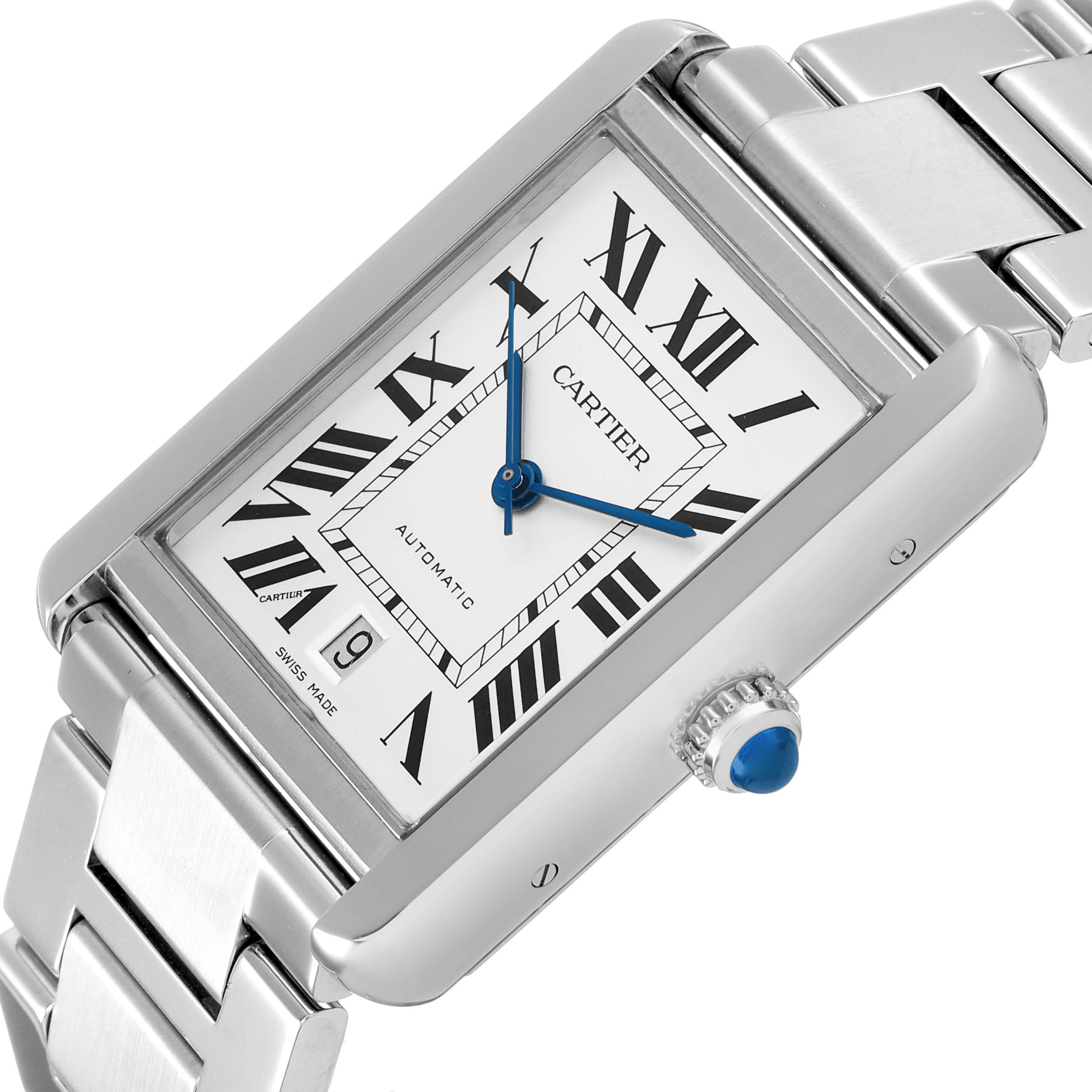 The Cartier Tank Solo W5200028 Men's Stainless Steel Silver Dial watch is shown at an angle highlighting the face, crown, and part of the bracelet.
