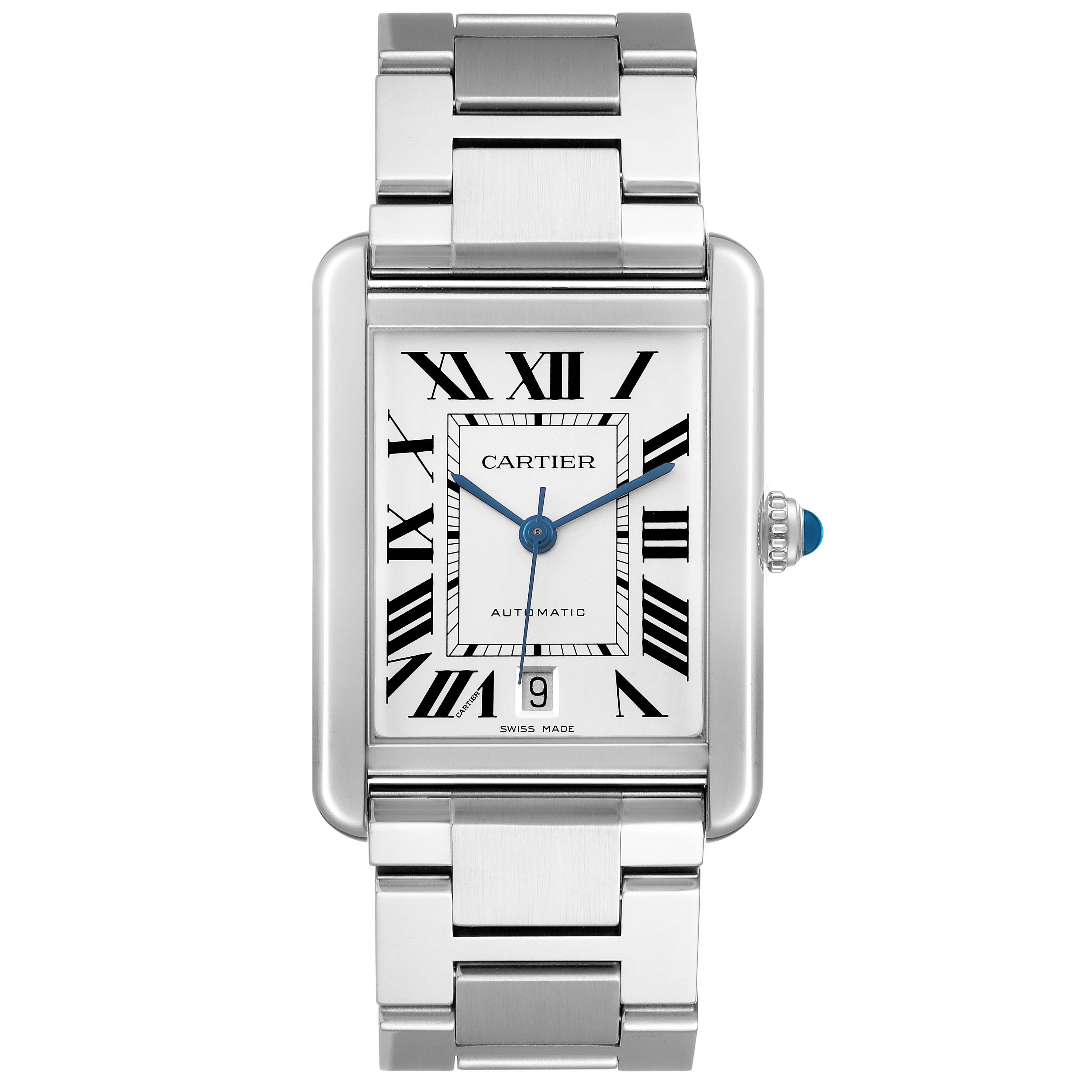 The Cartier Tank Solo W5200028 Men's Stainless Steel Silver Dial watch is shown from the front, displaying the face, bracelet, and crown with a blue accent.