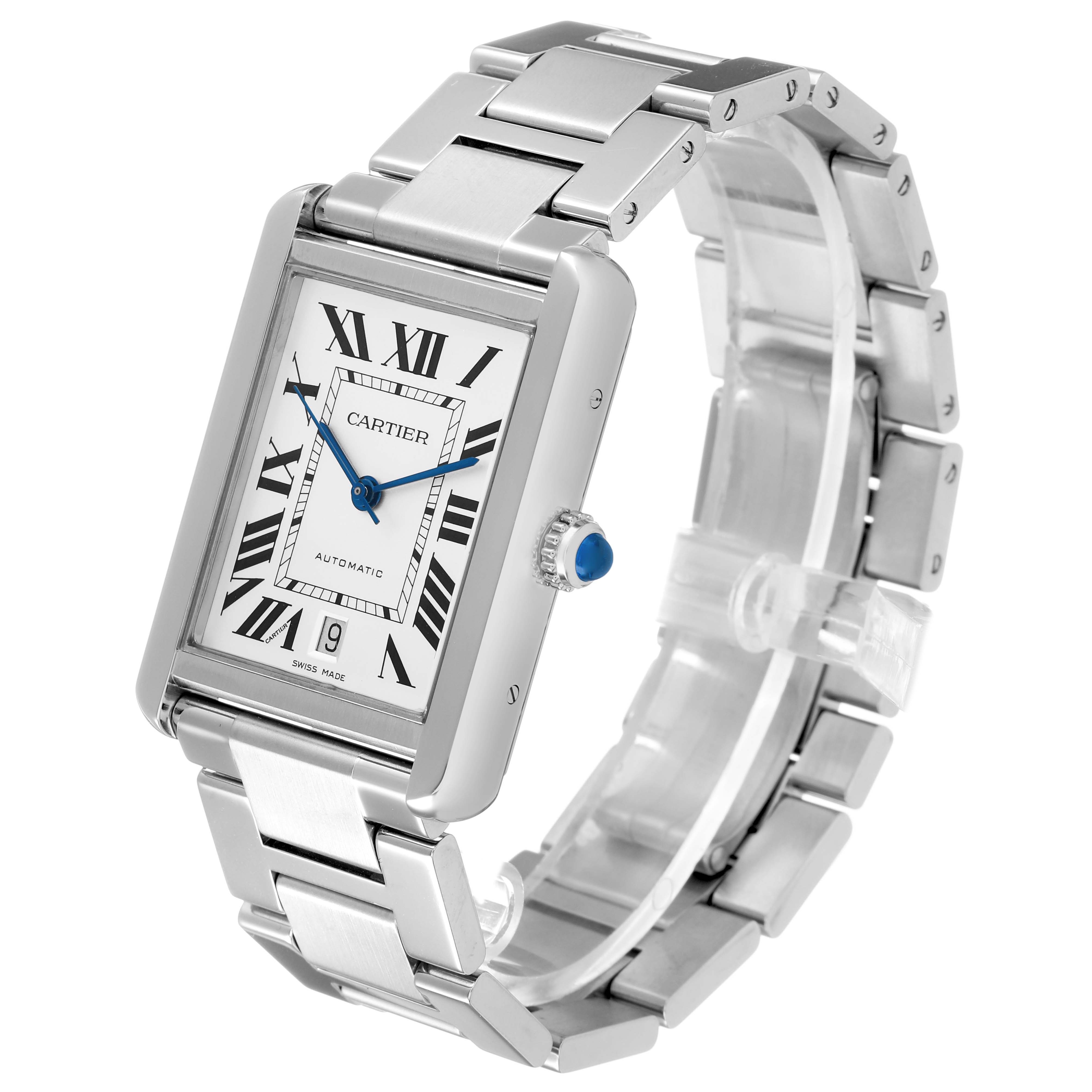 The Cartier Tank Solo W5200028 Men's Stainless Steel Silver Dial watch is shown at a three-quarter angle, displaying its rectangular face, crown, and metal bracelet.