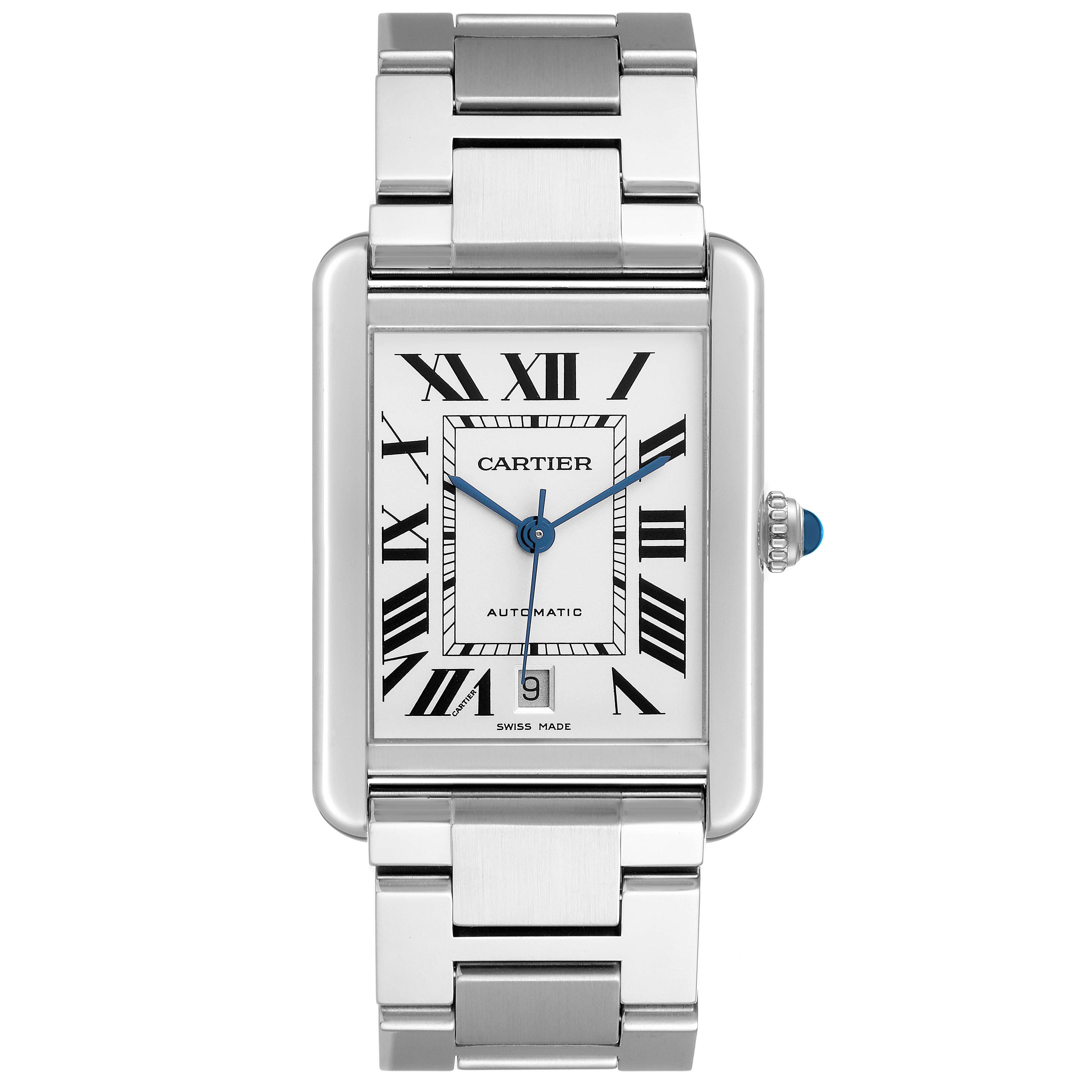 The Cartier Tank Solo W5200028 Men's Stainless Steel Silver Dial watch is shown from the front, displaying its rectangular face and stainless steel bracelet.