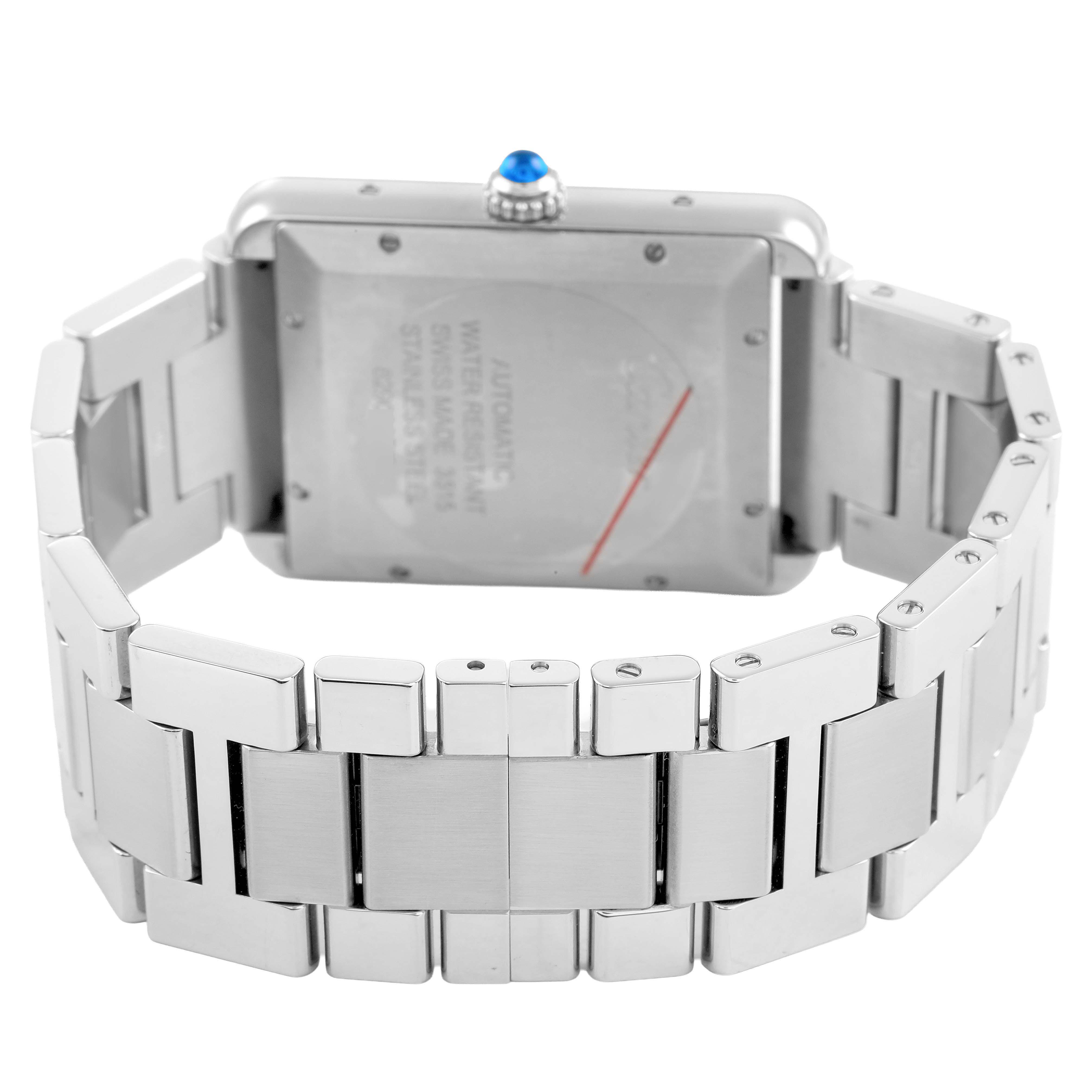 The image shows the back view of a Cartier Tank Solo W5200028 Men's Stainless Steel Silver Dial, highlighting the case back and metal bracelet.