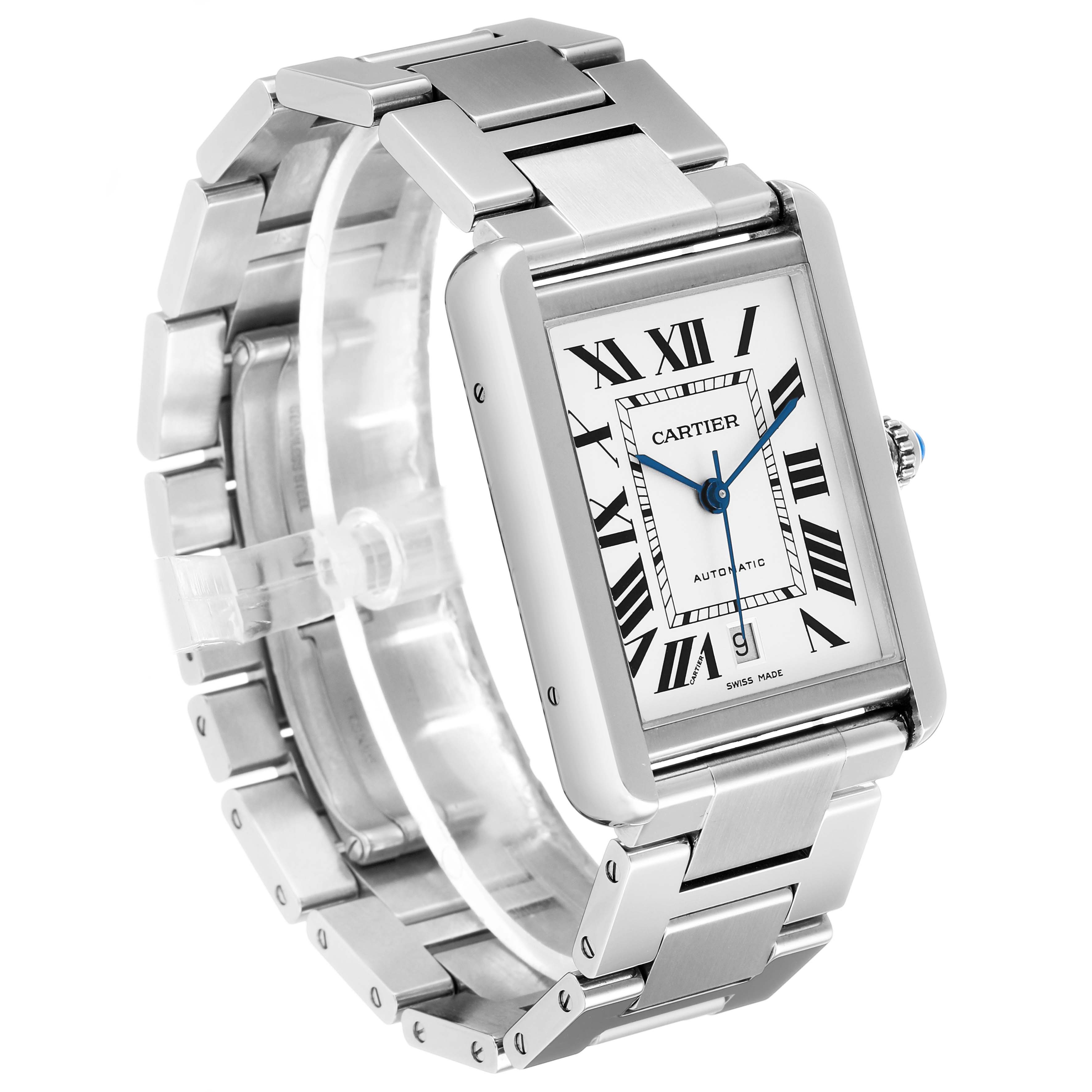The Cartier Tank Solo W5200028 Men's Stainless Steel Silver Dial watch is shown at a three-quarter angle displaying the face, bezel, bracelet, and crown.