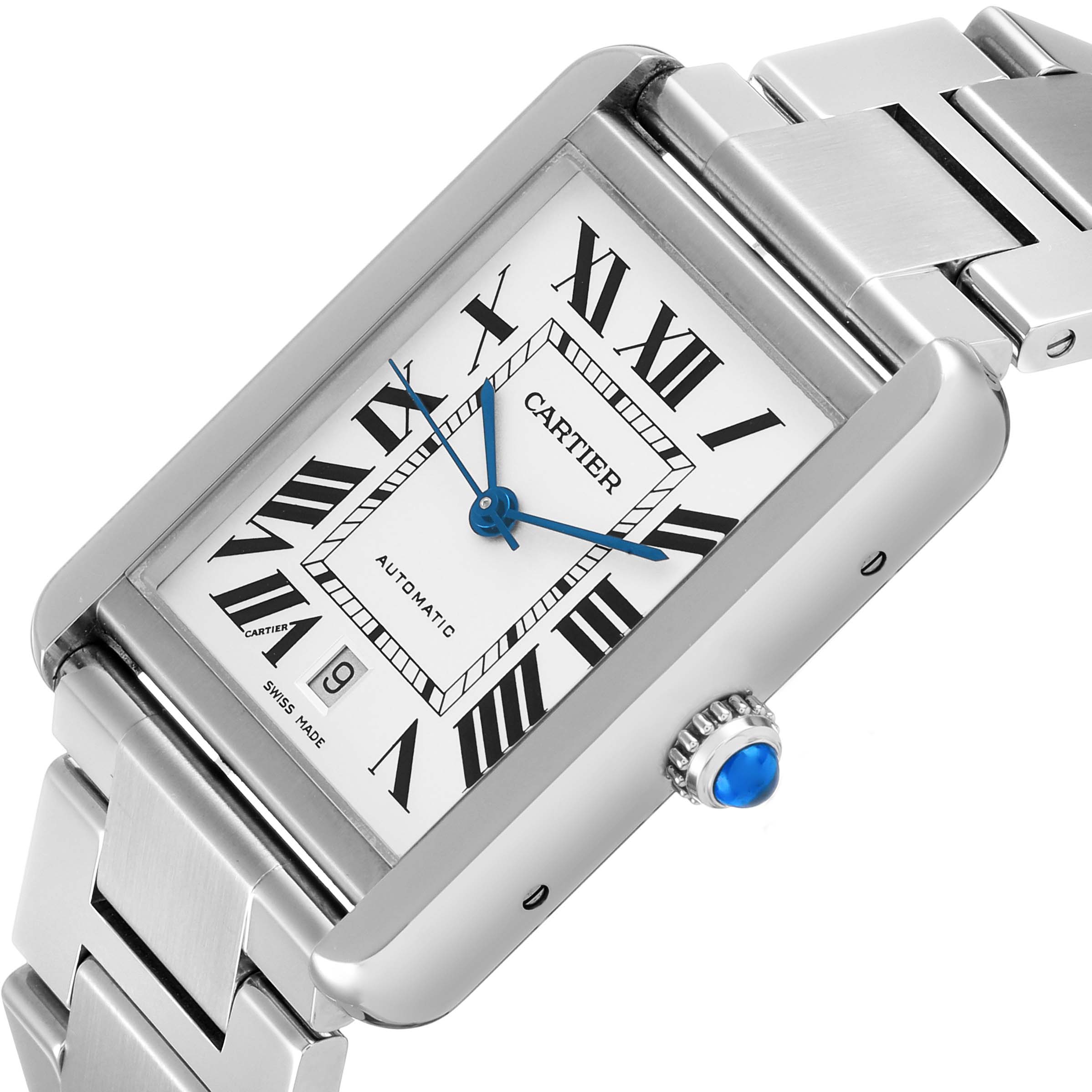The Cartier Tank Solo W5200028 Men's Stainless Steel Silver Dial watch is shown at a slight angle, displaying its face, Roman numerals, blue hands, crown, and metal bracelet.