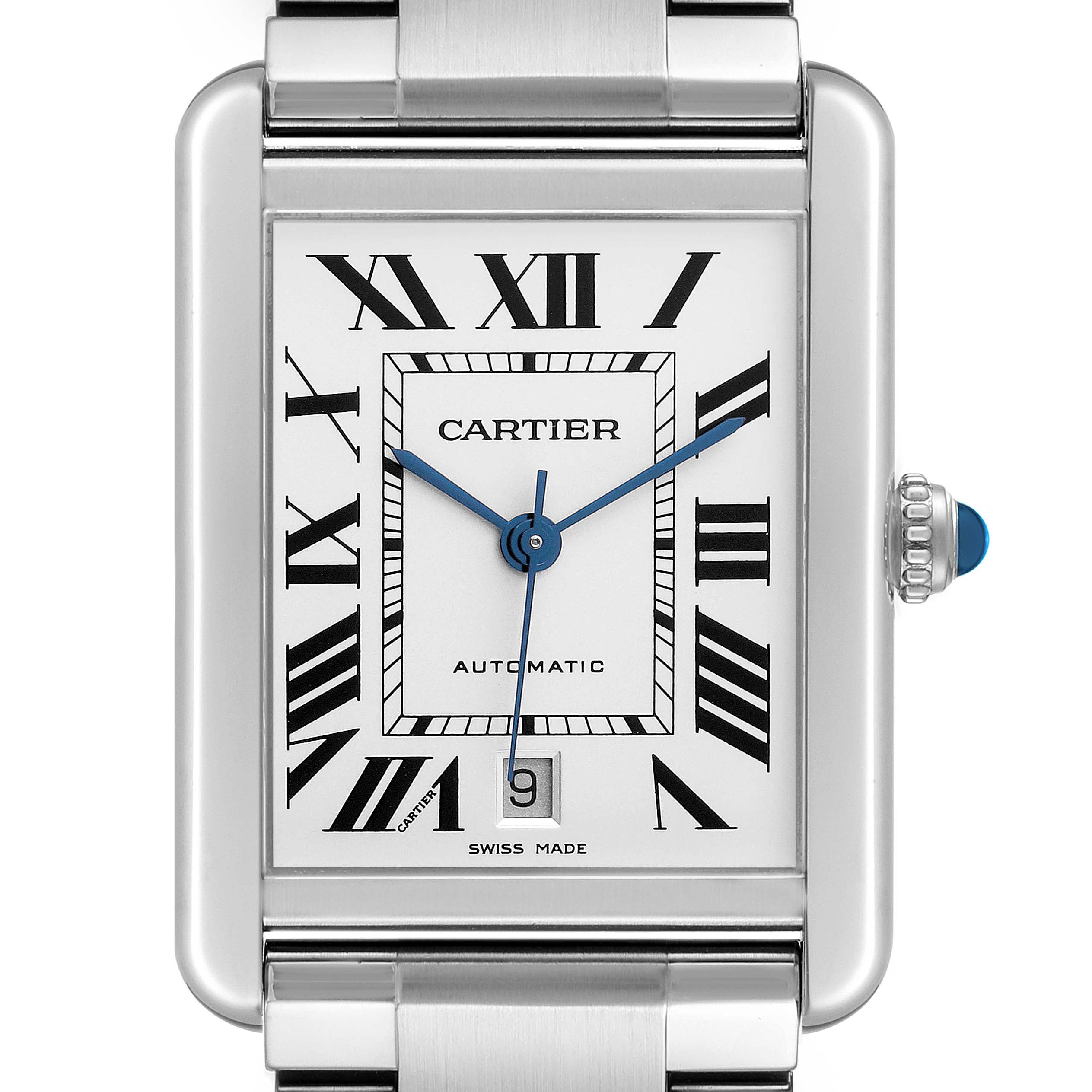 The Cartier Tank Solo W5200028 Men's Stainless Steel Silver Dial watch is shown front-on, displaying its rectangular face, Roman numerals, blue hands, and date window.