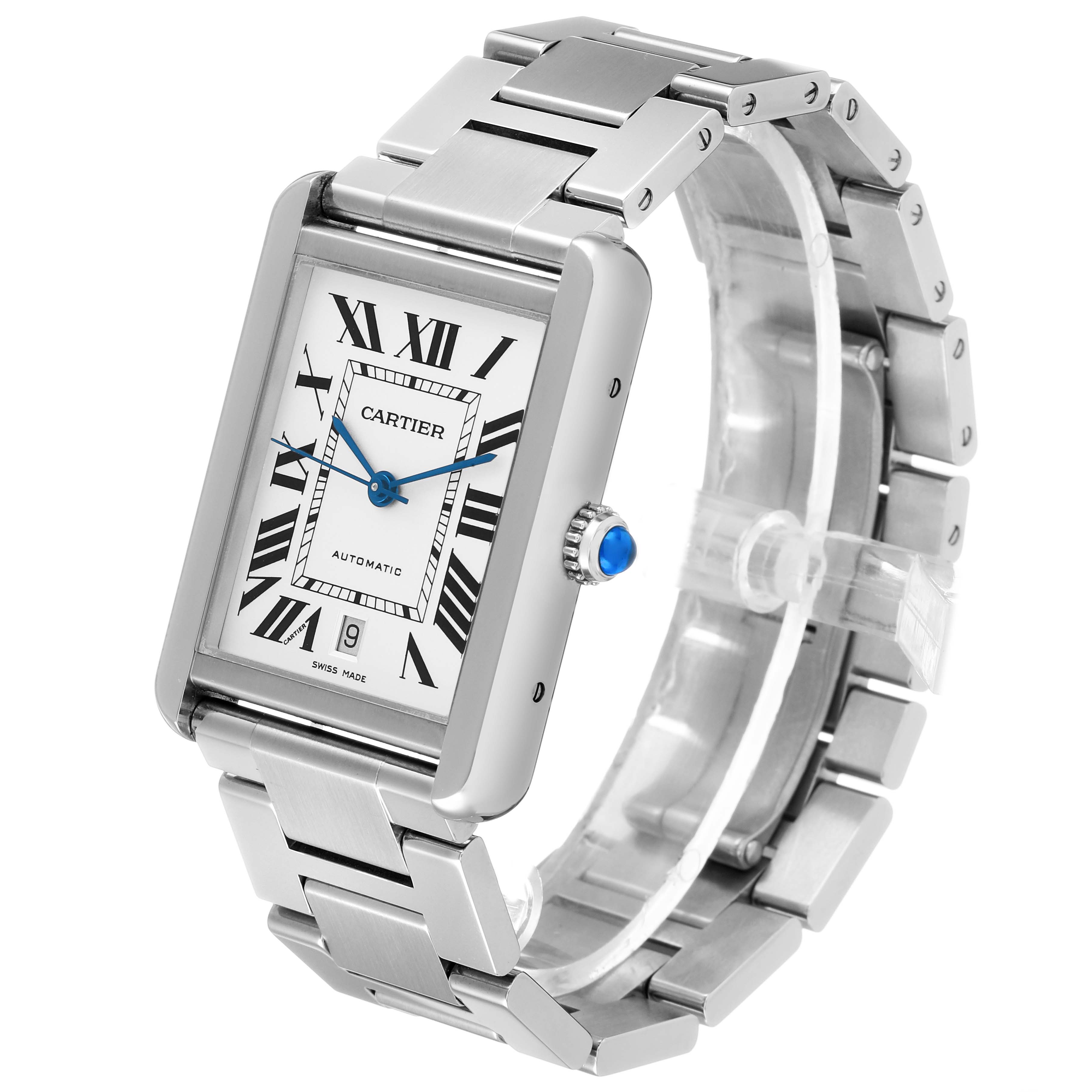 The Cartier Tank Solo W5200028 Men's Stainless Steel Silver Dial watch is shown at a three-quarter angle, highlighting the face, crown, and metal bracelet.