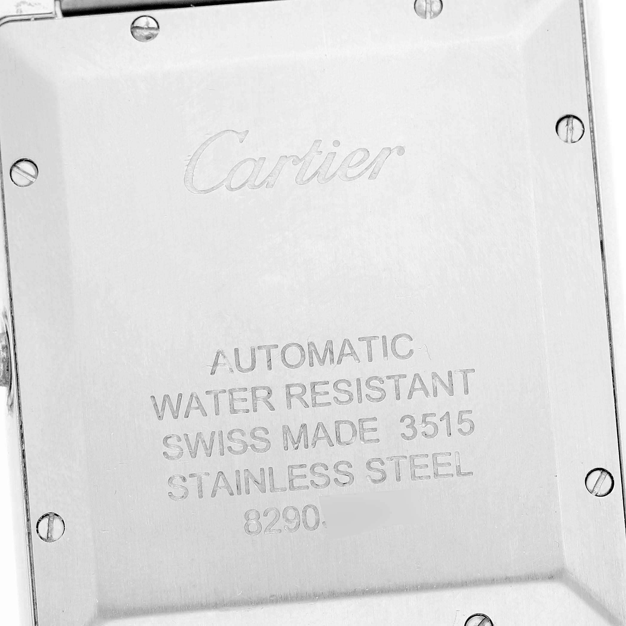 The image shows the back case of the Cartier Tank Solo W5200028 Men's Stainless Steel Silver Dial watch, displaying engraved details like brand and specs.
