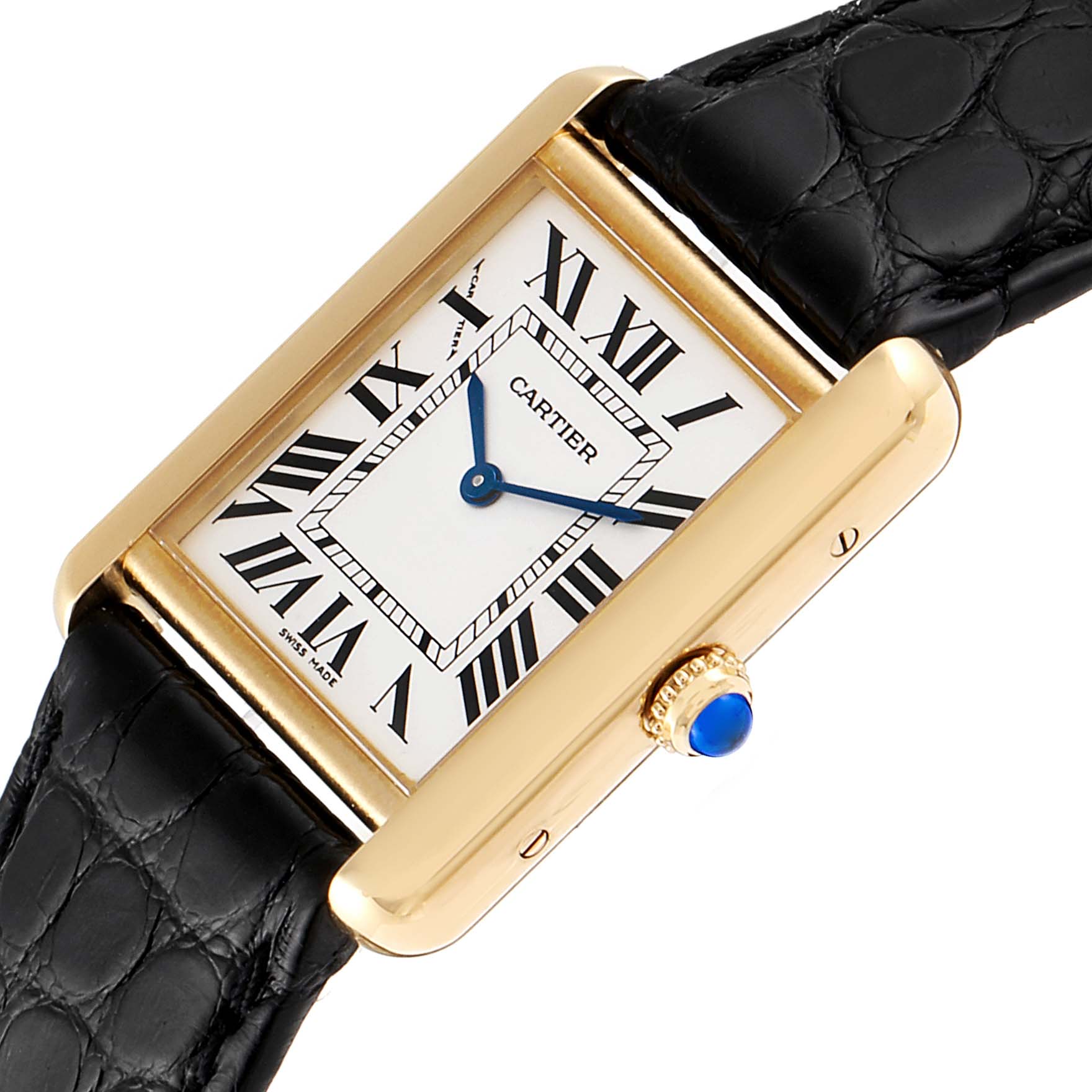This image shows a close-up angled view of a Cartier Tank Solo W1018755 Women
s Yellow Gold Silver Dial W1018755 Women
s Yellow Gold Silver Dial watch displaying its rectangular dial and black leather strap.