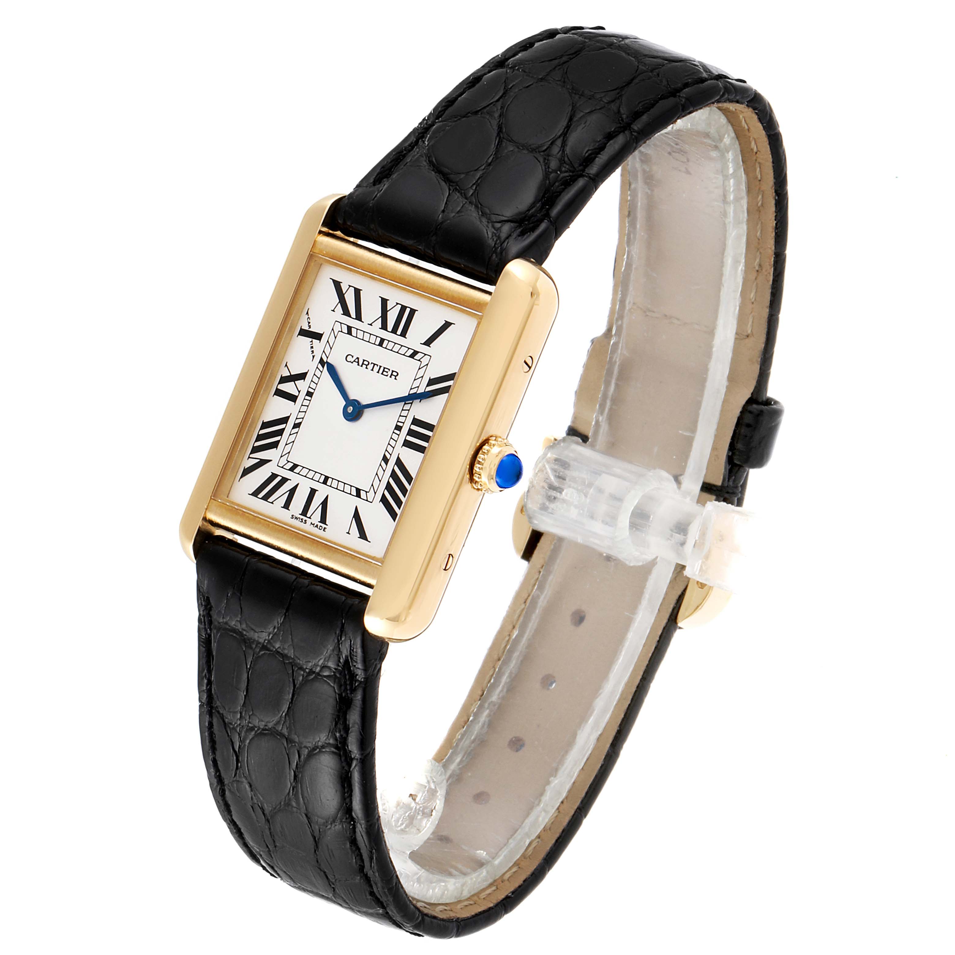 The image shows a Cartier Tank Solo W1018755 Women
s Yellow Gold Silver Dial W1018755 Women
s Yellow Gold Silver Dial watch angled from the front-right, highlighting its face, bezel, strap, and crown.