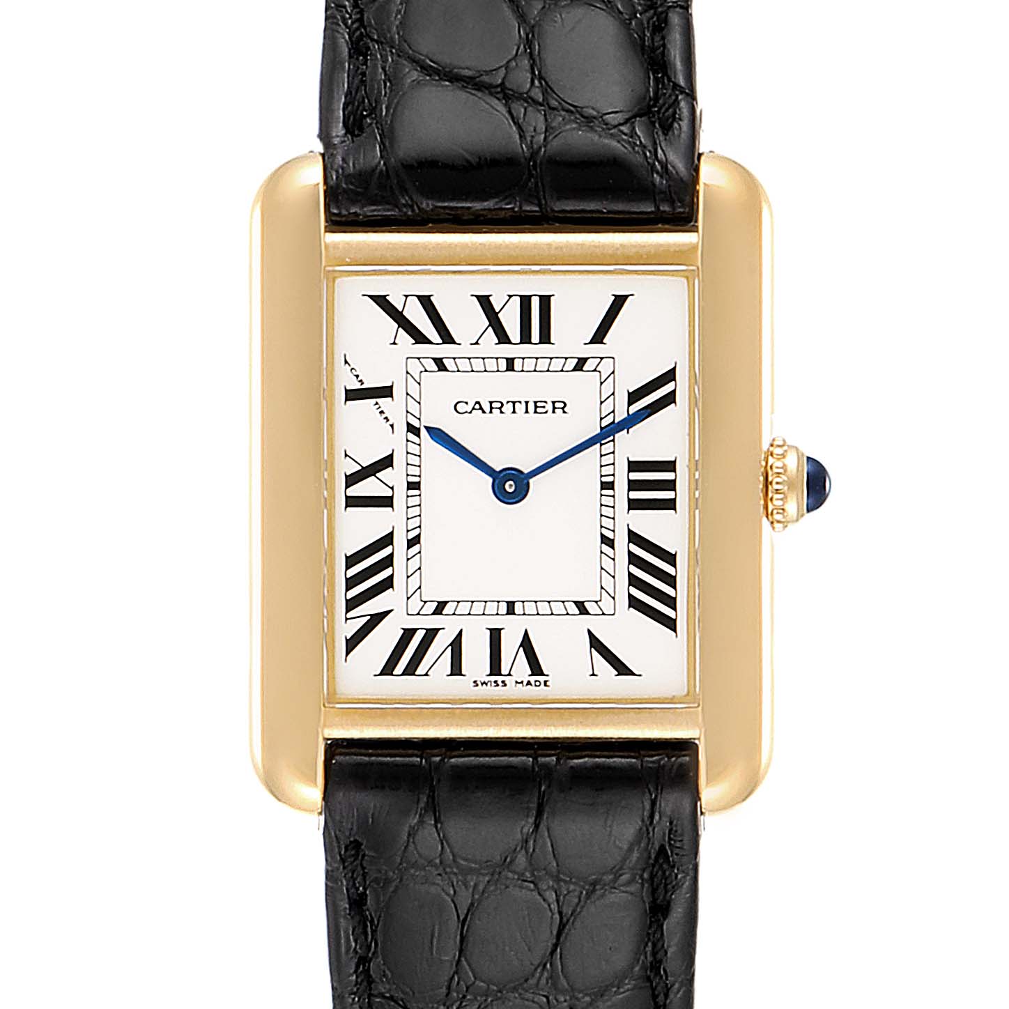 The image shows a front view of the dial, case, and part of the strap of the Cartier Tank Solo W1018755 Women
s Yellow Gold Silver Dial W1018755 Women
s Yellow Gold Silver Dial watch.