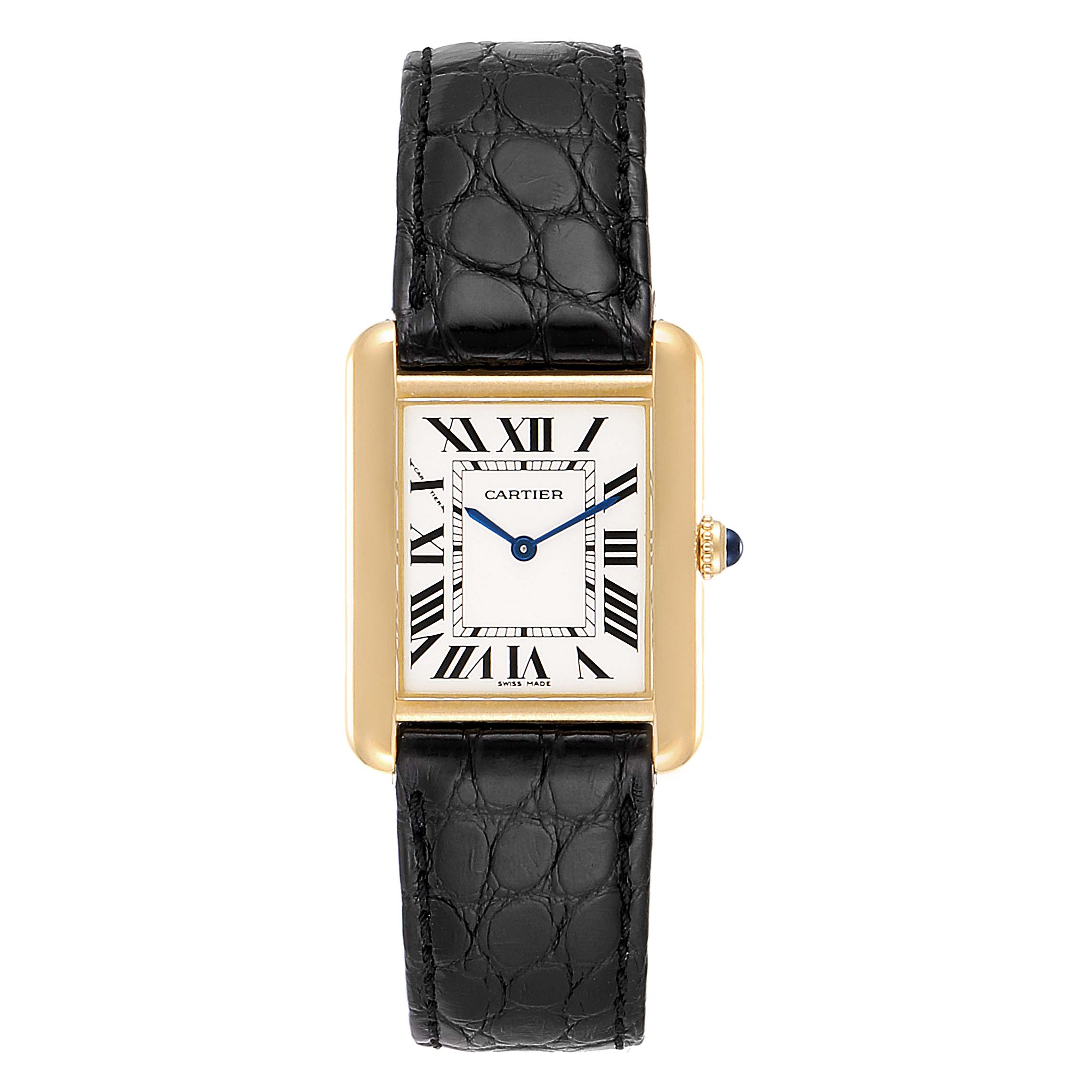 The image shows a Cartier Tank Solo W1018755 Women
s Yellow Gold Silver Dial W1018755 Women
s Yellow Gold Silver Dial watch from a front view, displaying its gold rectangular case, white dial, blue hands, and black leather strap.