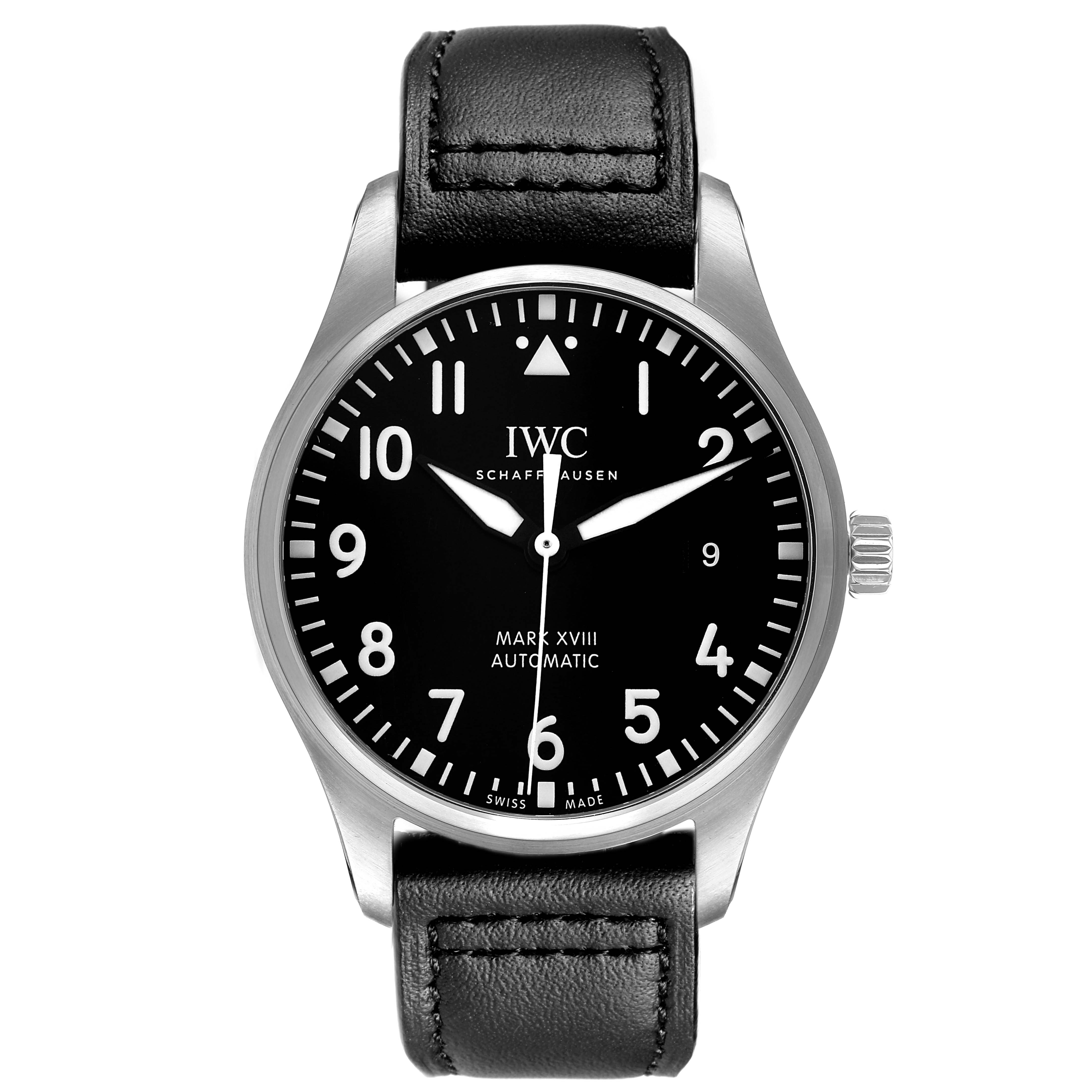 The IWC Pilot IW327001 Men's Stainless Steel Black Dial Mark XVIII watch is shown from the front, displaying the face, bezel, and leather strap.