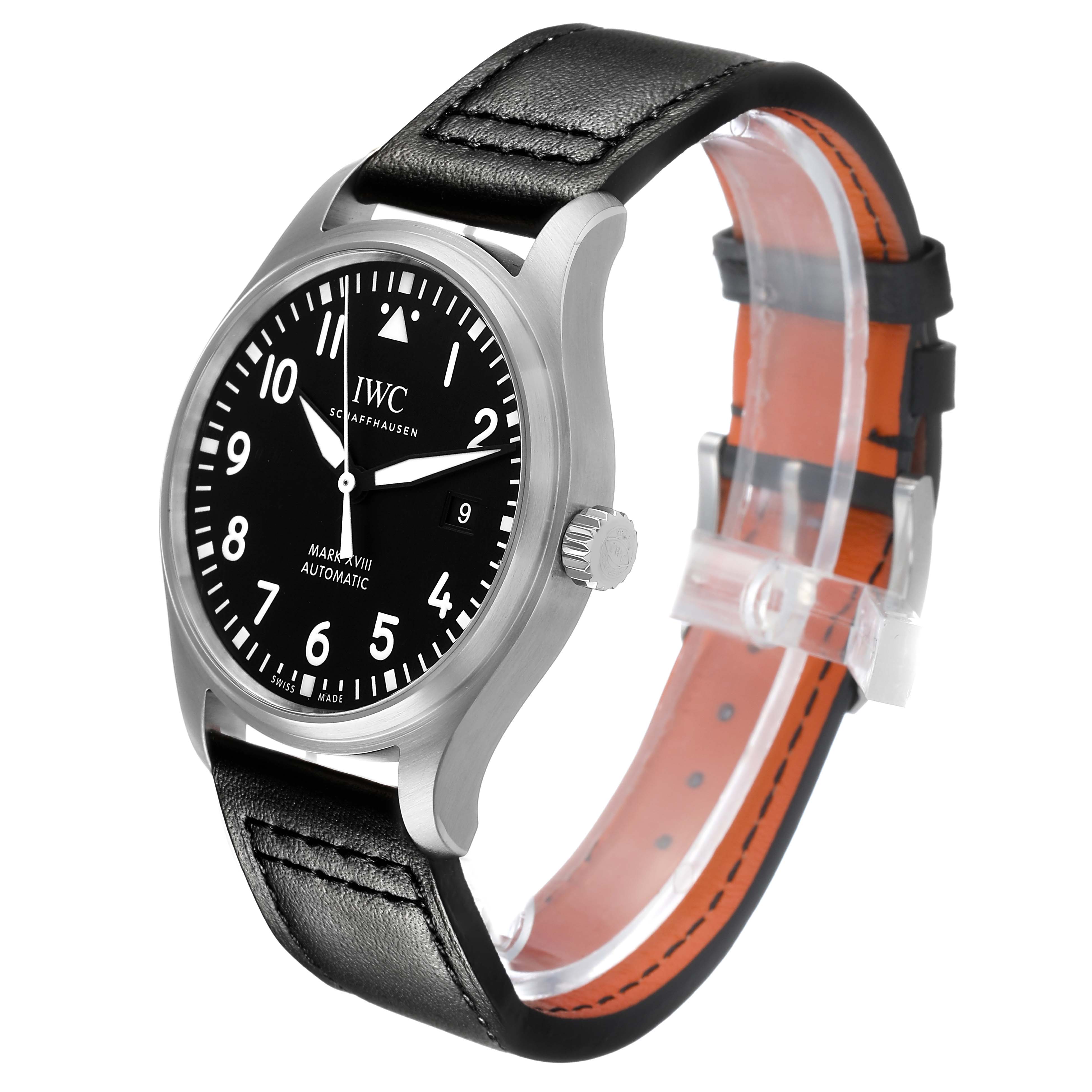 The IWC Pilot IW327001 Men's Stainless Steel Black Dial model watch is shown at a three-quarter angle, highlighting the black dial, leather strap, and side crown.
