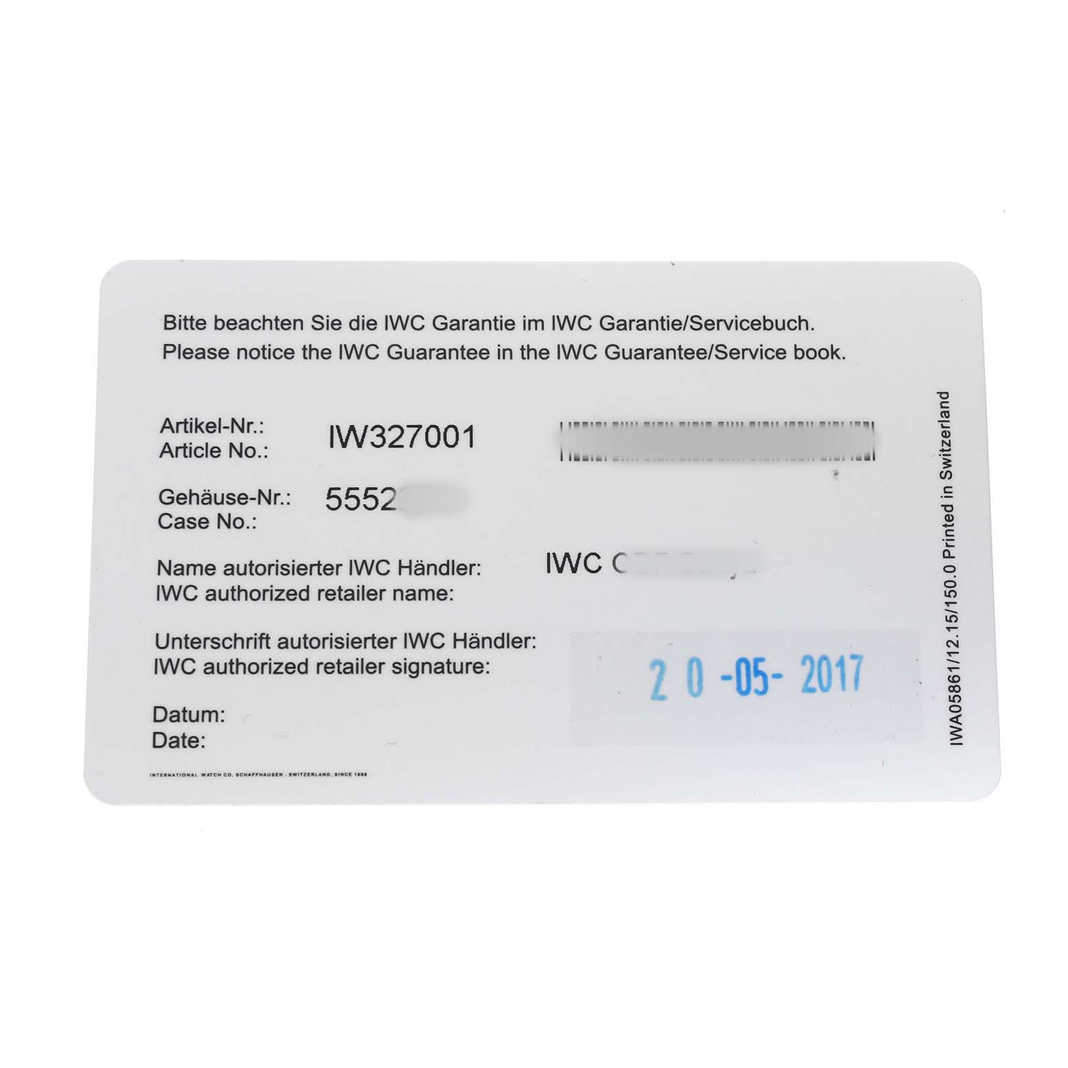 The image shows an IWC Pilot IW327001 Men's Stainless Steel Black Dial model warranty card listing the article and case number, along with retailer details.