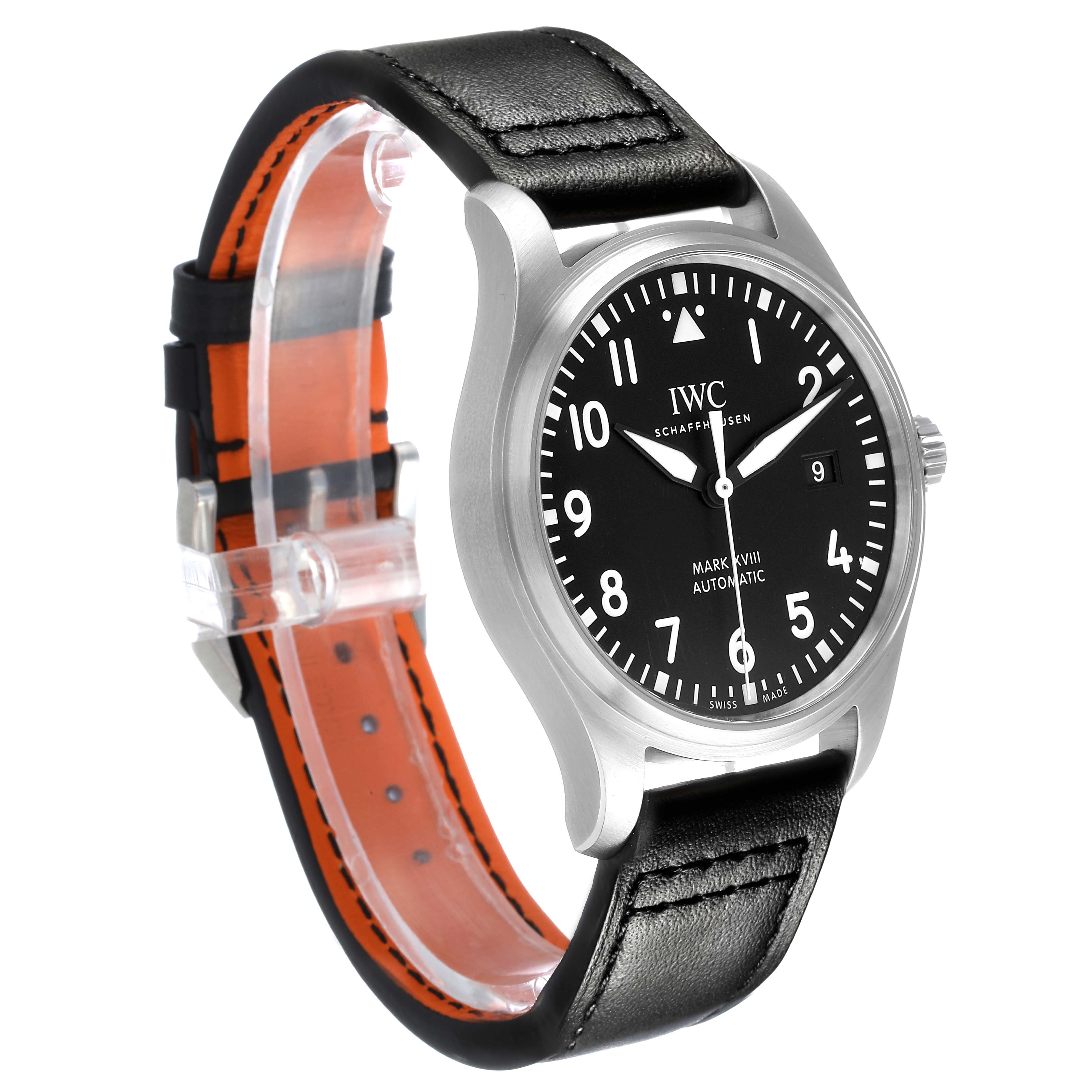 The IWC Pilot IW327001 Men's Stainless Steel Black Dial watch is shown at a three-quarter angle, highlighting the face, crown, and black leather strap.