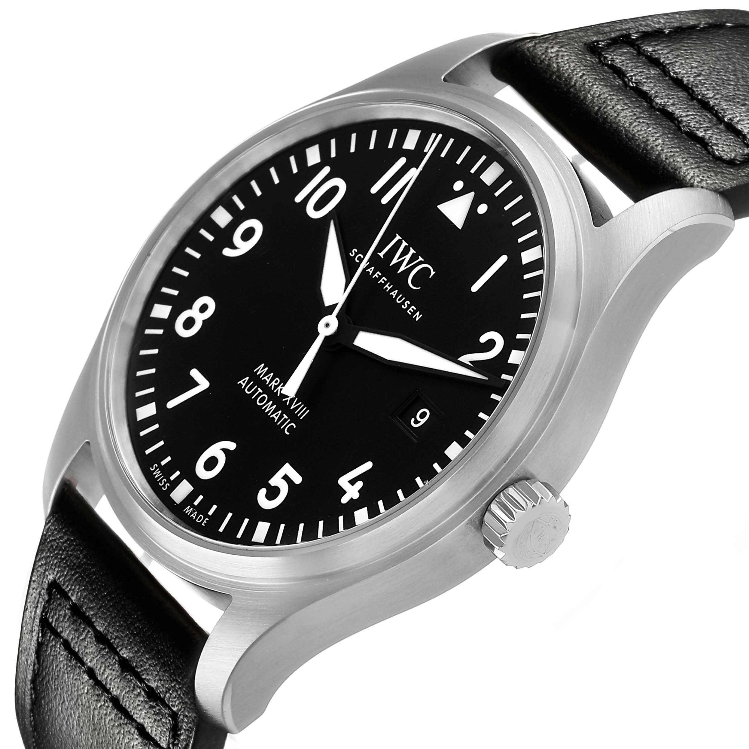 The IWC Pilot IW327001 Men's Stainless Steel Black Dial watch is shown at a slight angle, highlighting the black dial, case, strap, and crown.