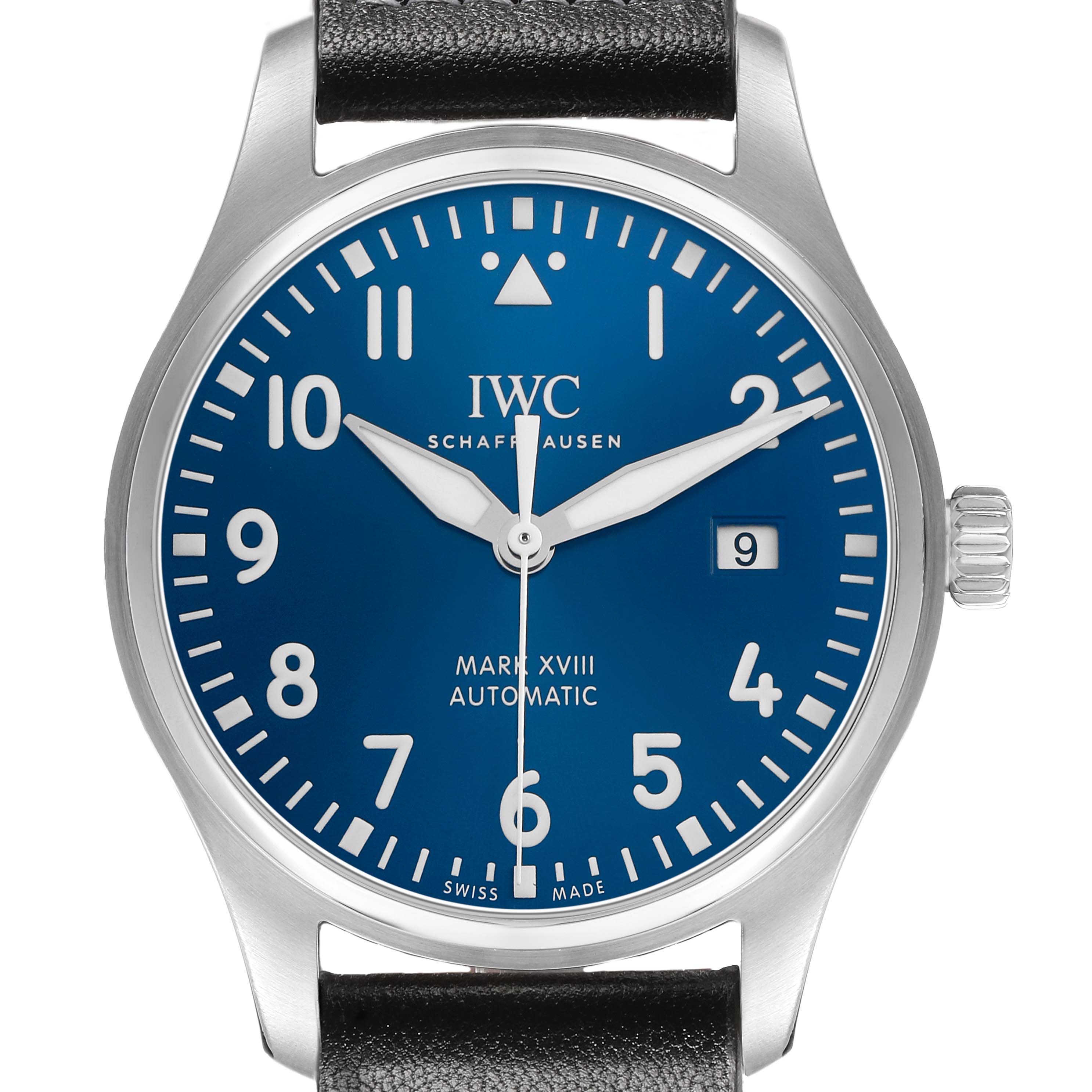 The IWC Pilot IW327010 Men's Stainless Steel Blue Dial Mark XVIII watch is shown from the front with a blue dial, clear numerals, and a black leather strap.
