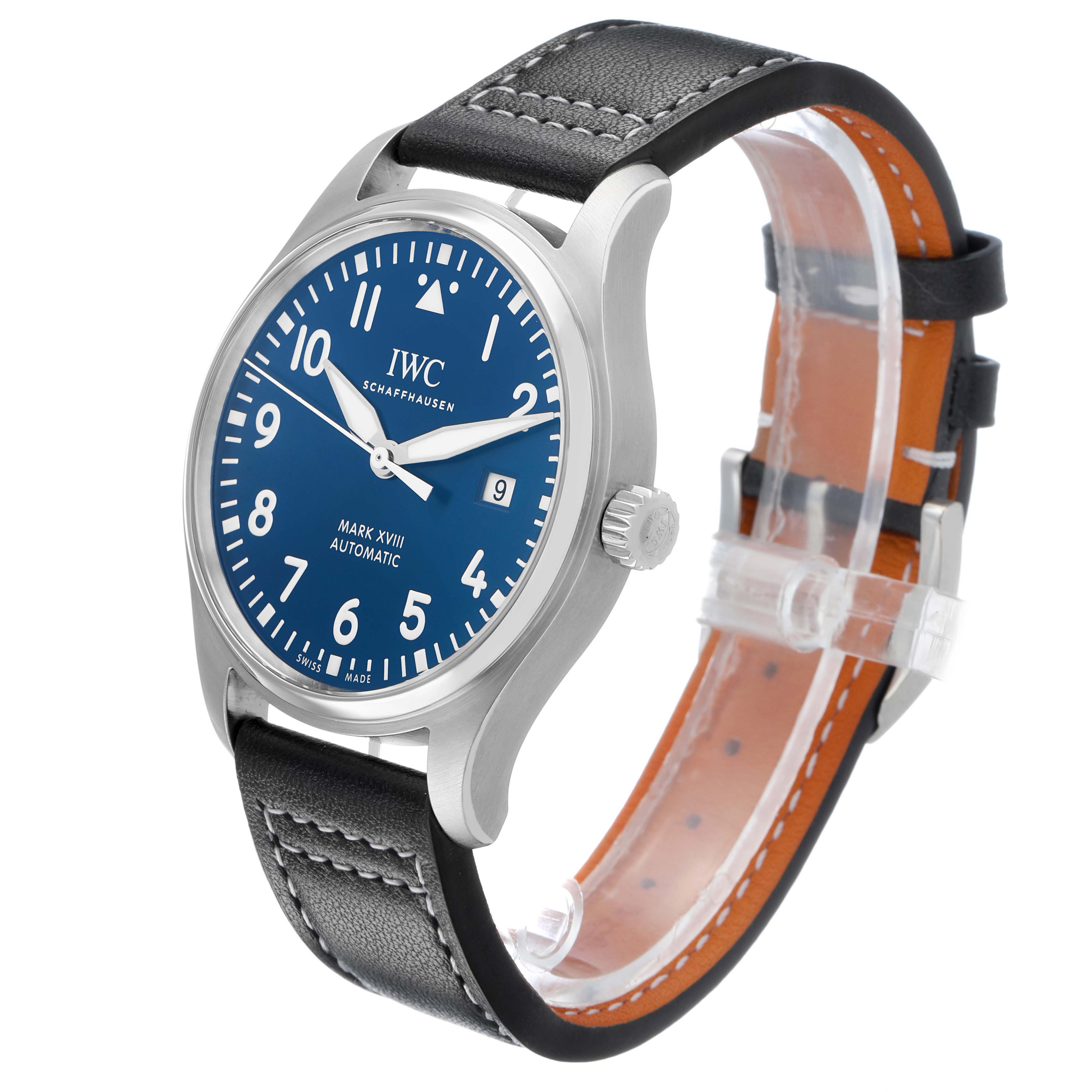 The IWC Pilot IW327010 Men's Stainless Steel Blue Dial Mark XVIII watch is shown at a three-quarter angle highlighting the blue dial, crown, and leather strap.