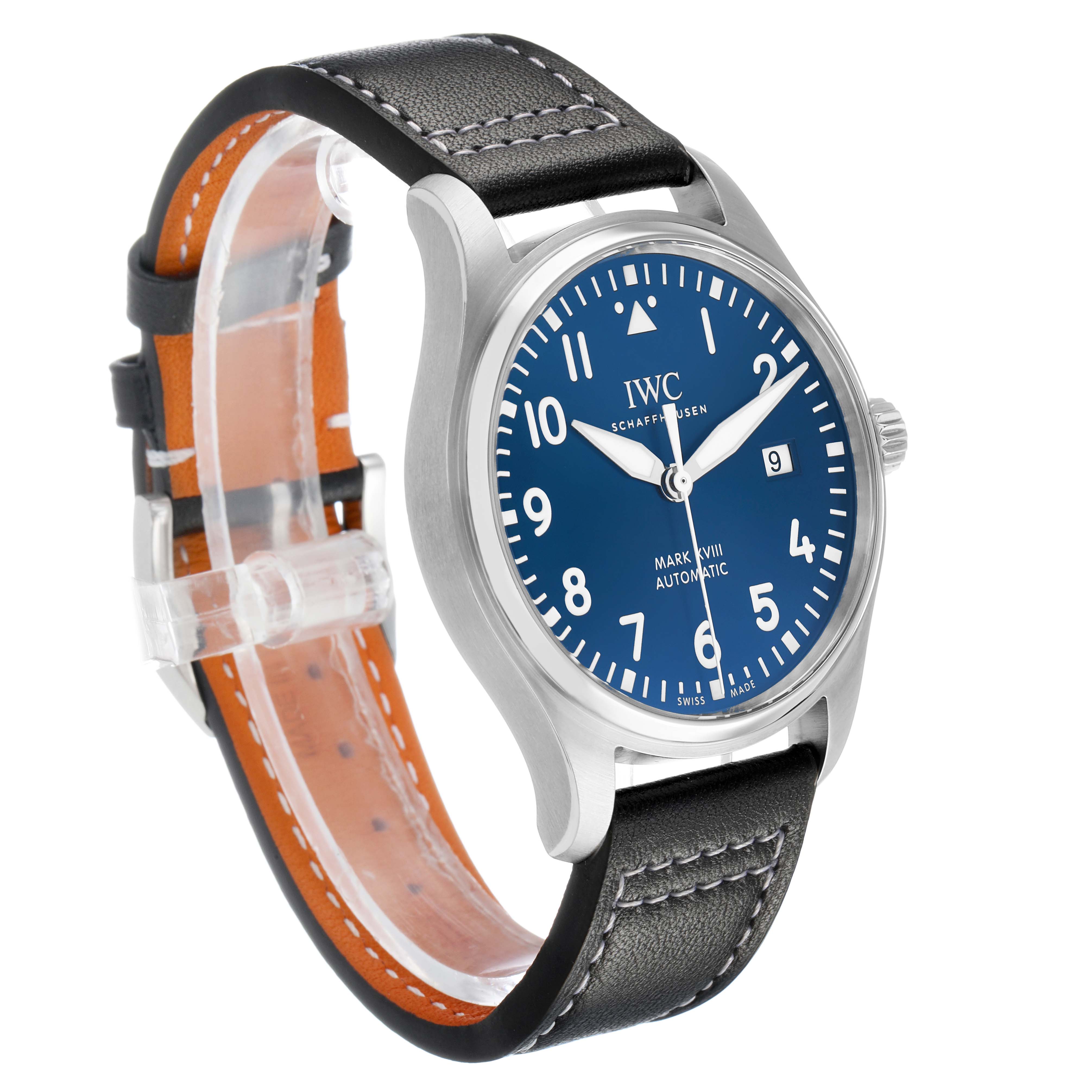 The IWC Pilot IW327010 Men's Stainless Steel Blue Dial model watch is shown at a slight angle, highlighting the blue dial, crown, and black leather strap.