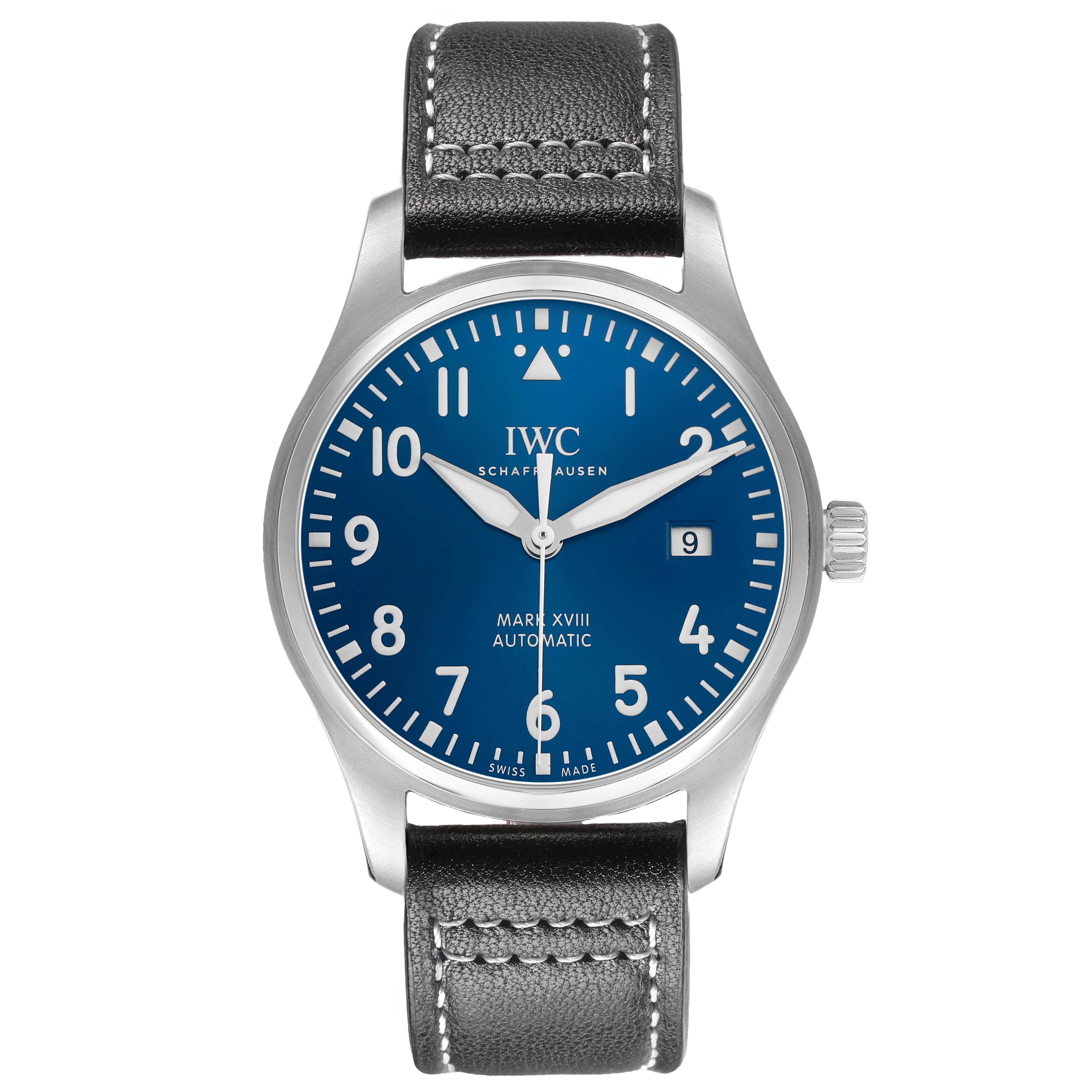 The IWC Pilot IW327010 Men's Stainless Steel Blue Dial Mark XVIII watch is shown from a front angle, highlighting the blue dial, hour markers, and leather strap.