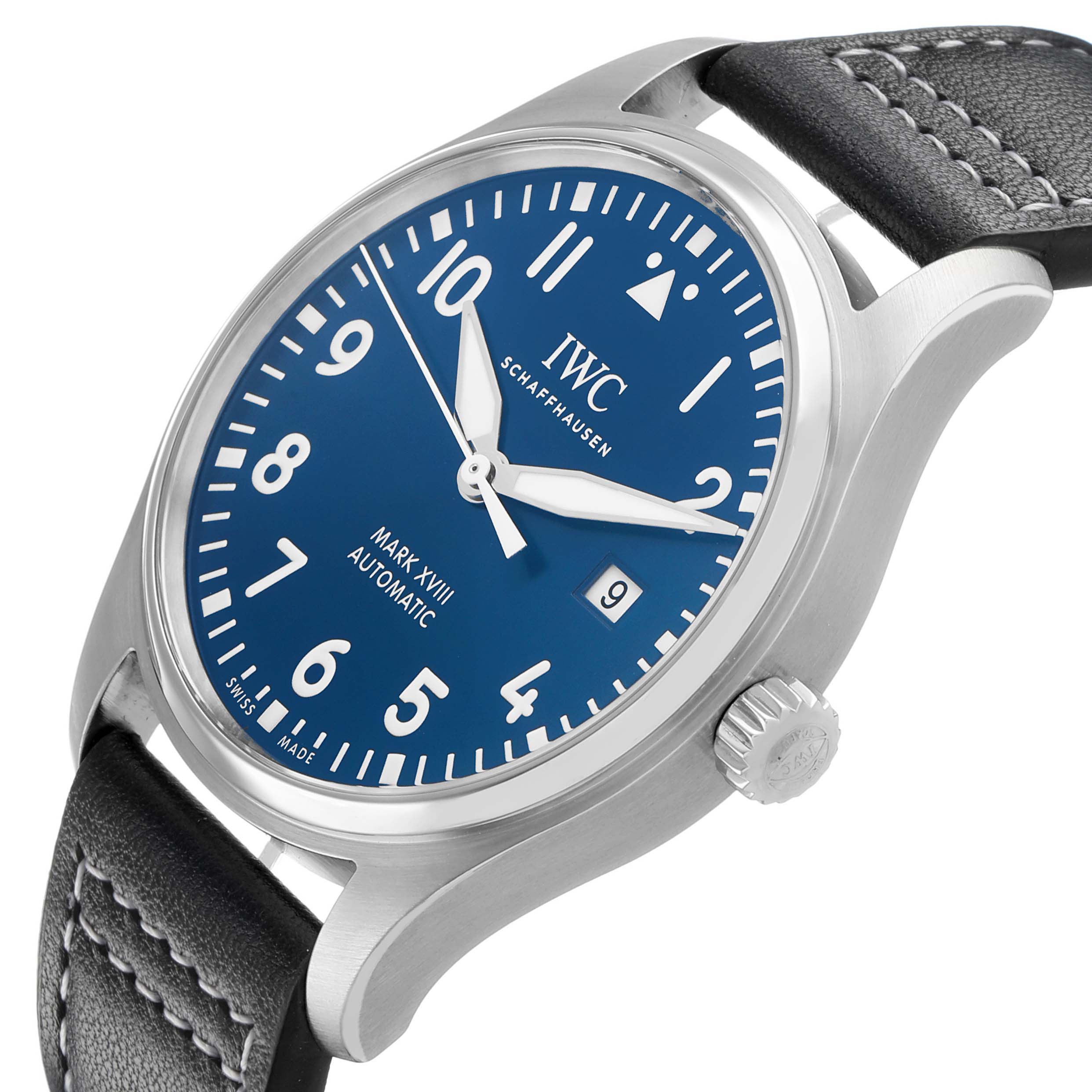 The IWC Pilot IW327010 Men's Stainless Steel Blue Dial watch is shown at an angled view, highlighting the blue dial, crown, and part of the leather strap.