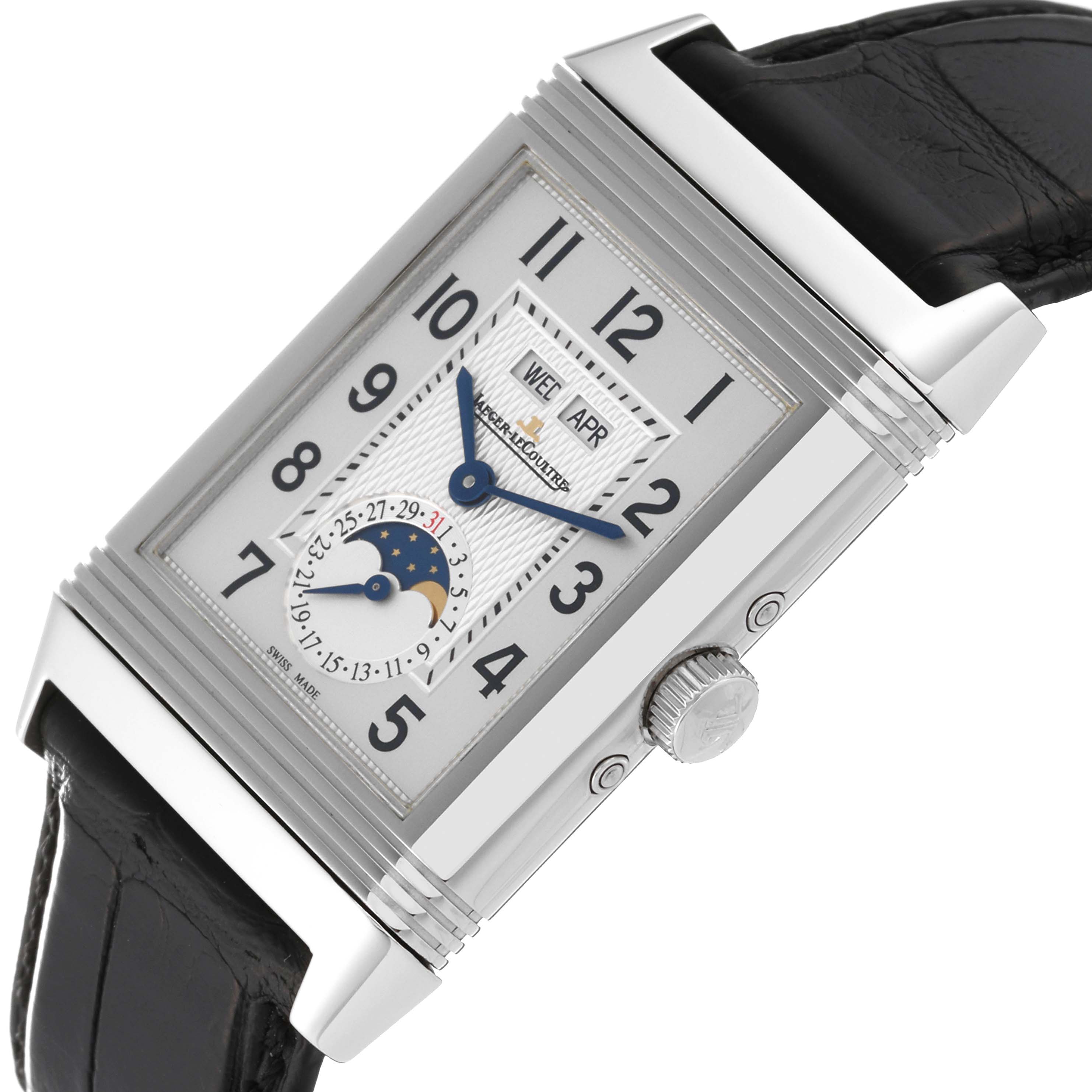 The image shows a Jaeger LeCoultre Reverso Q3758420 Men's Stainless Steel Silver Dial Q3758420 Men's Stainless Steel Silver Dial watch at an oblique angle highlighting its dial, crown, and black strap.