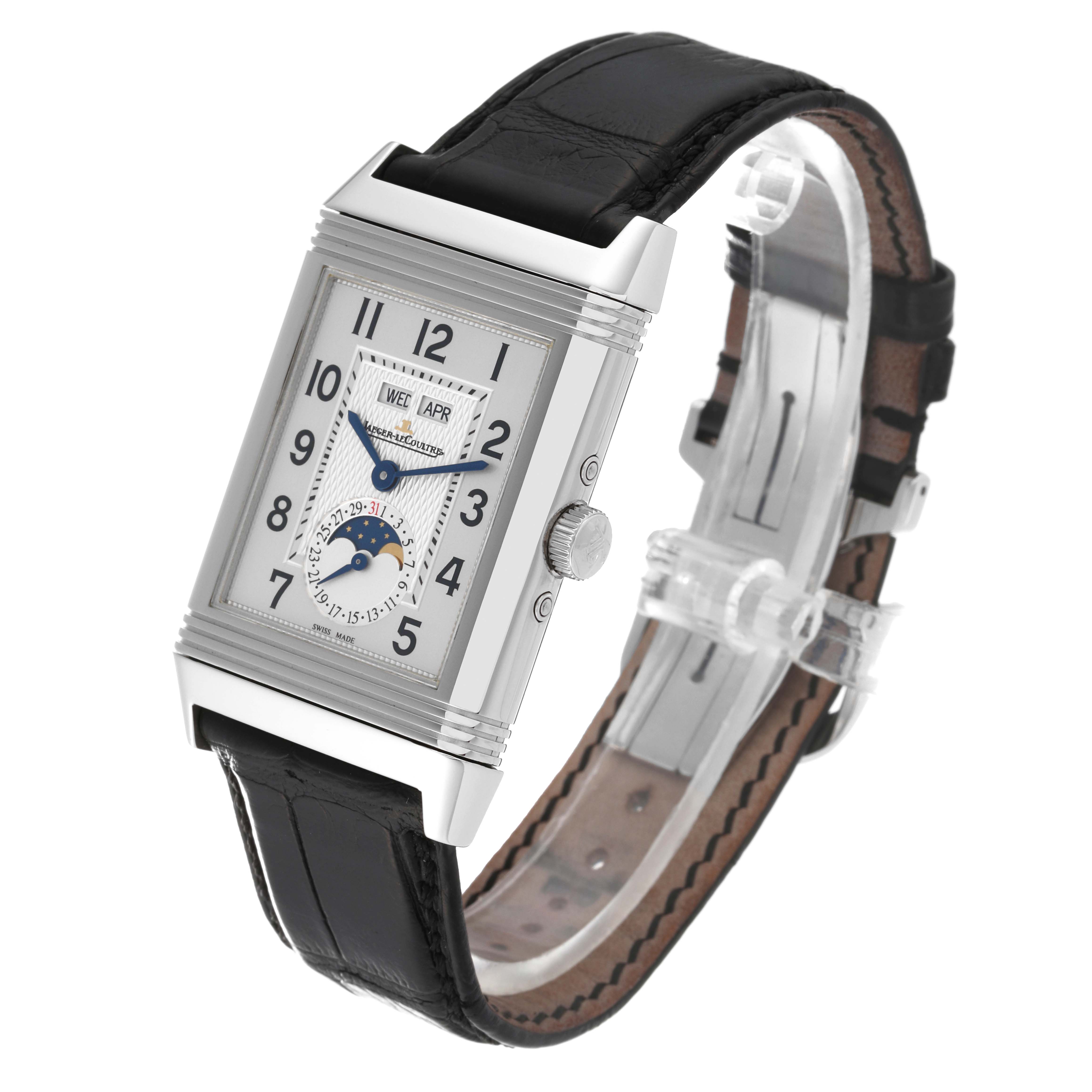 The watch is a Jaeger LeCoultre Reverso Q3758420 Men's Stainless Steel Silver Dial Q3758420 Men's Stainless Steel Silver Dial model shown in a three-quarter view, displaying the face, bezel, crown, and leather strap.