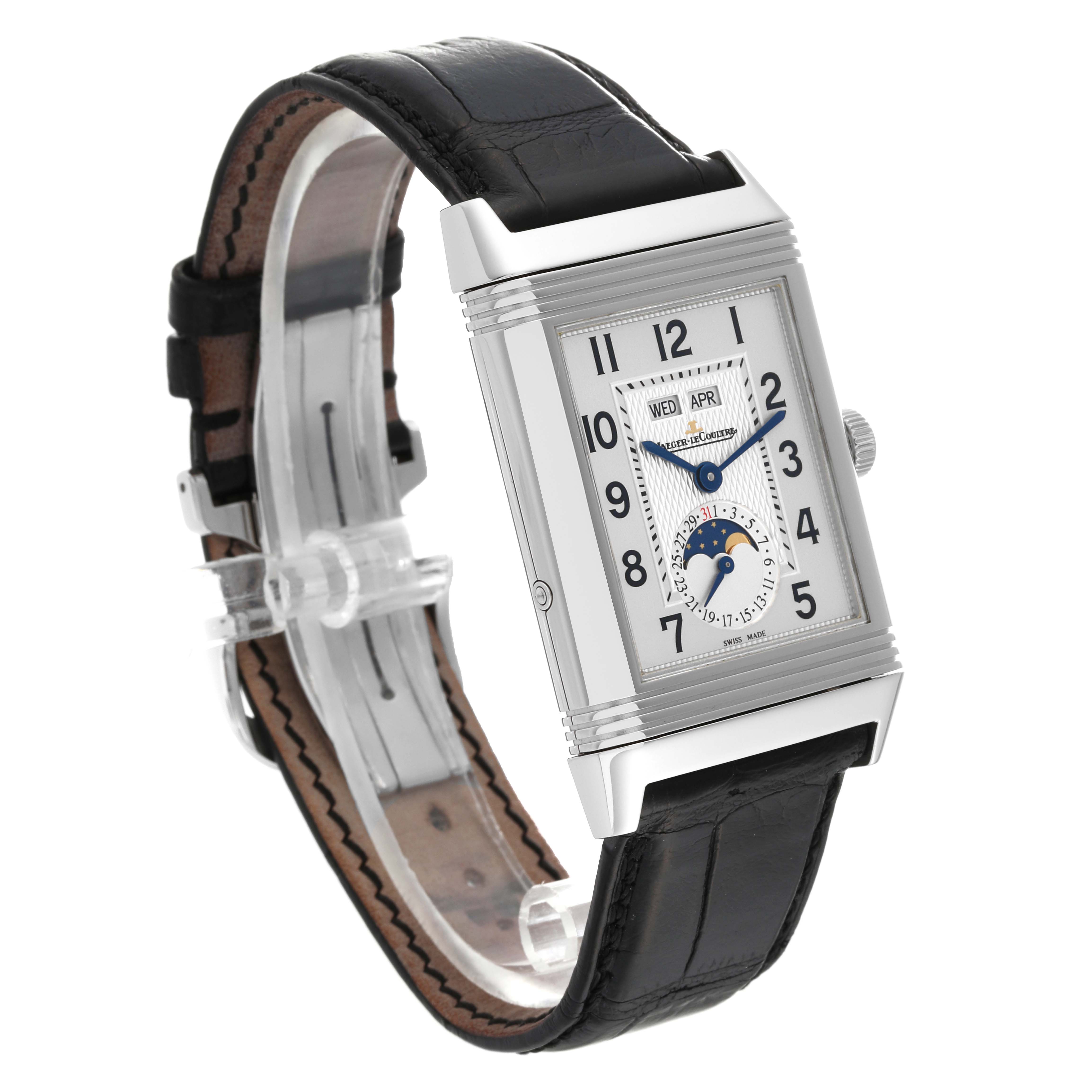 The image shows a Jaeger LeCoultre Reverso Q3758420 Men's Stainless Steel Silver Dial Q3758420 Men's Stainless Steel Silver Dial model watch from an angle displaying its rectangular face, strap, and side crown.