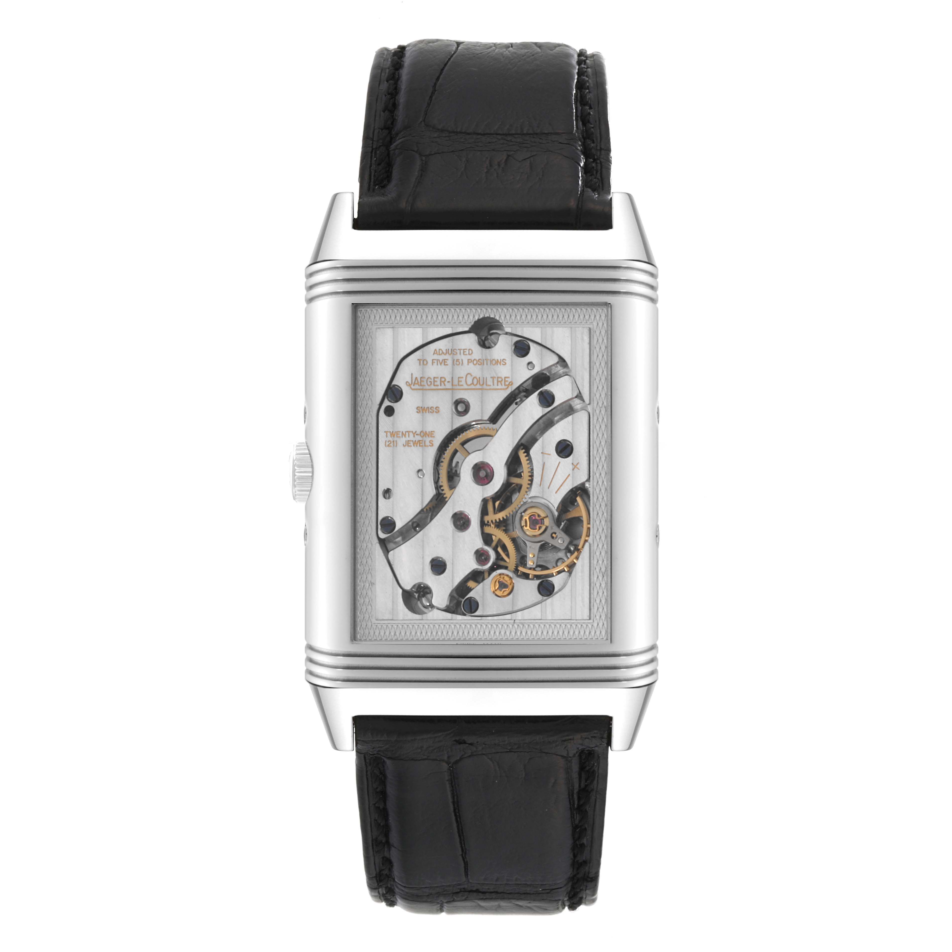 The image shows the back view of the Jaeger LeCoultre Reverso Q3758420 Men's Stainless Steel Silver Dial Q3758420 Men's Stainless Steel Silver Dial, revealing the intricate mechanical movement.
