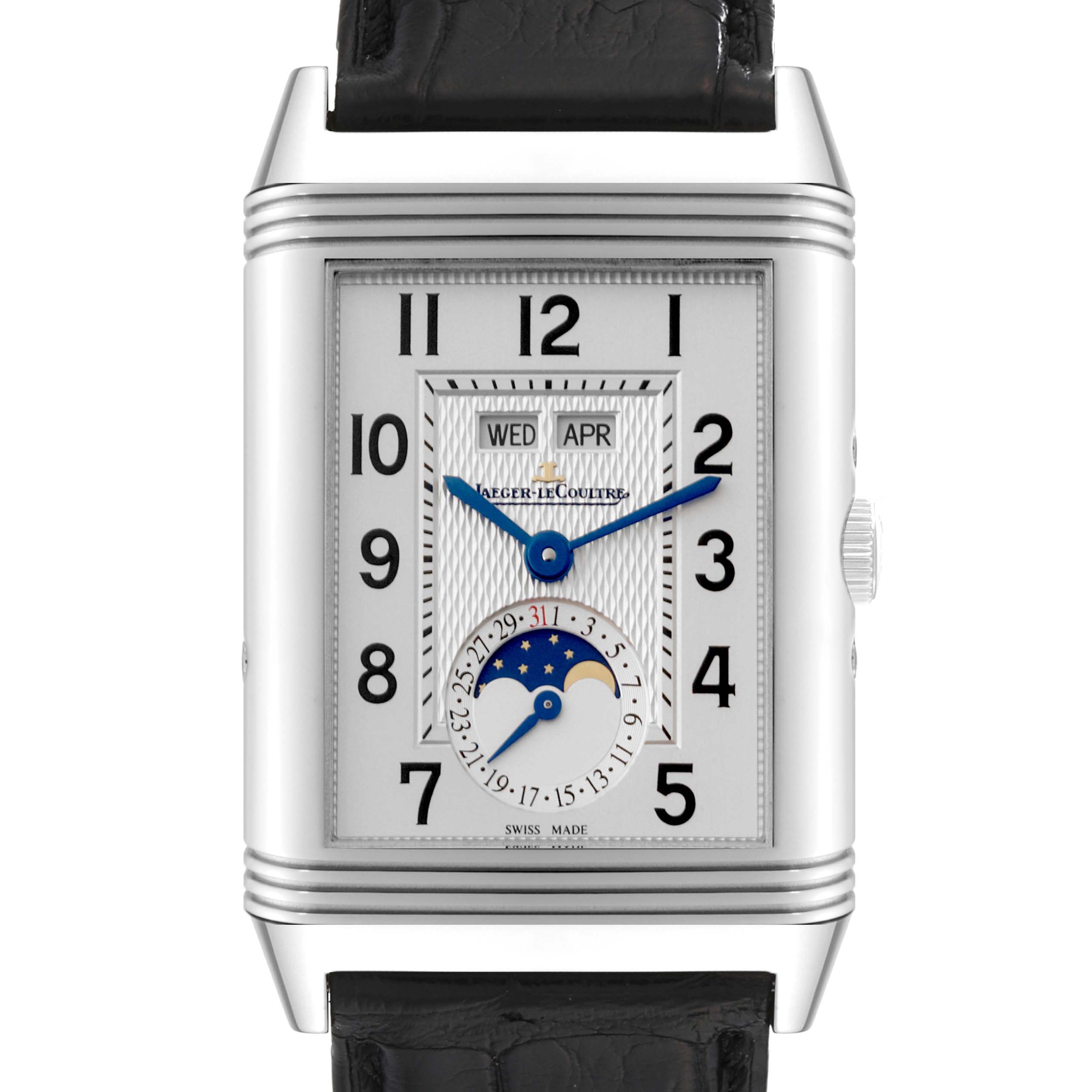 The image shows a frontal view of a Jaeger LeCoultre Reverso Q3758420 Men's Stainless Steel Silver Dial Q3758420 Men's Stainless Steel Silver Dial watch, displaying its dial, moon phase, and date indicators.