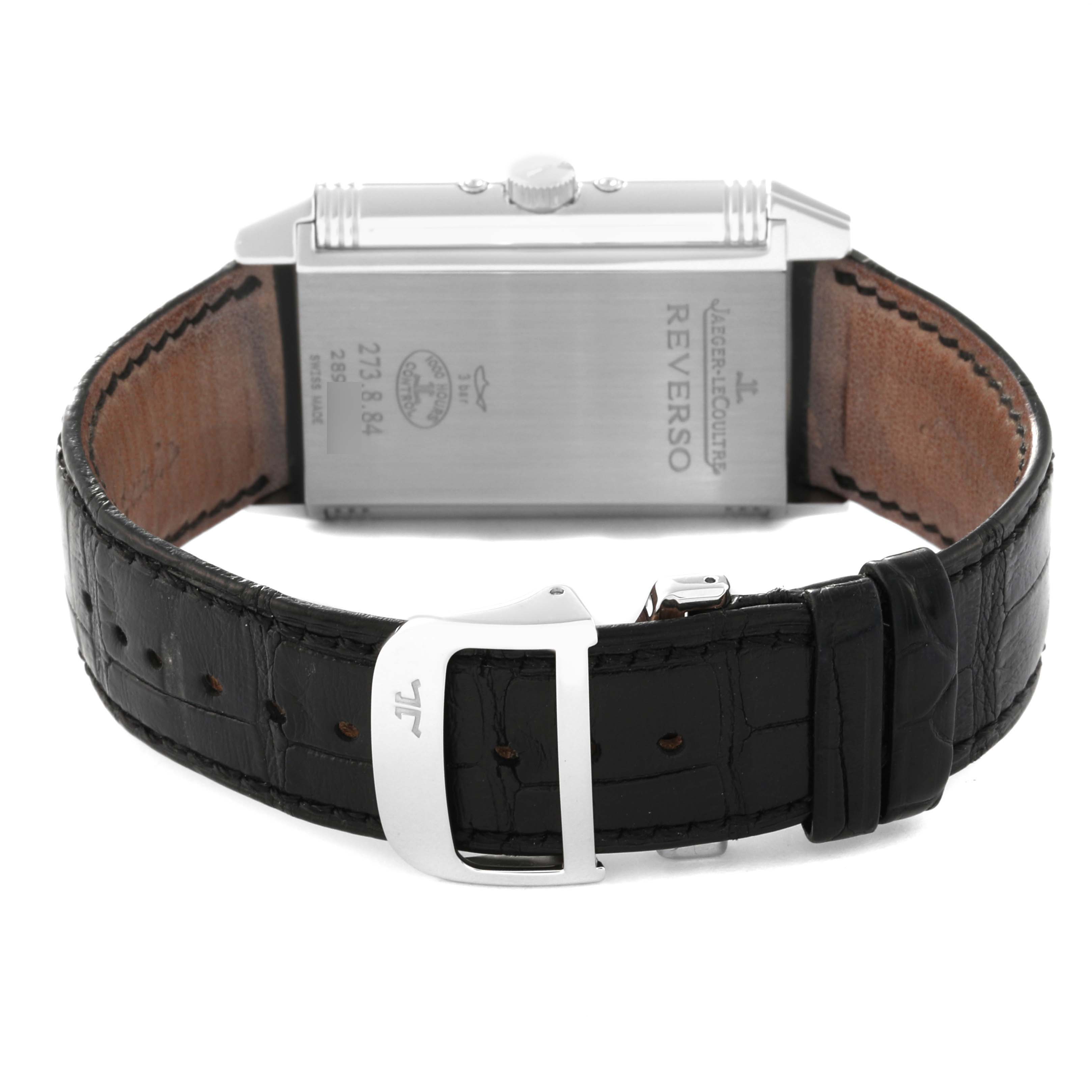 This image shows the back view of the Jaeger LeCoultre Reverso Q3758420 Men's Stainless Steel Silver Dial Q3758420 Men's Stainless Steel Silver Dial watch with its strap laid flat and buckle visible.