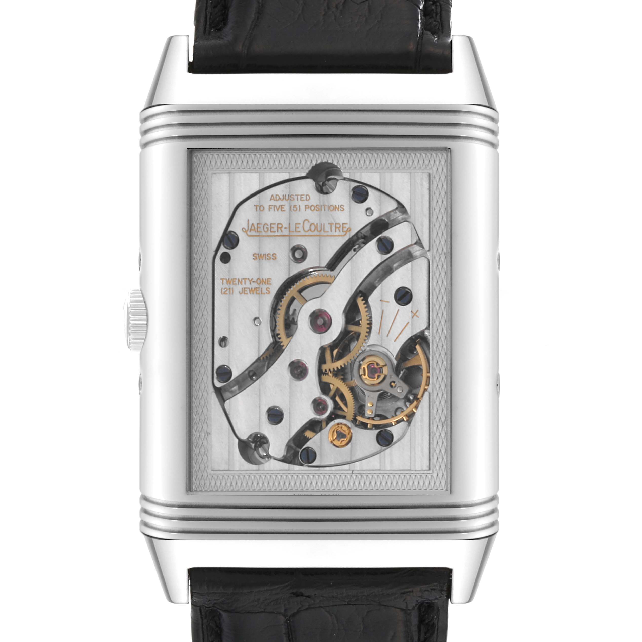 This image shows the back view of the Jaeger LeCoultre Reverso Q3758420 Men's Stainless Steel Silver Dial Q3758420 Men's Stainless Steel Silver Dial watch, revealing its intricate inner mechanism.
