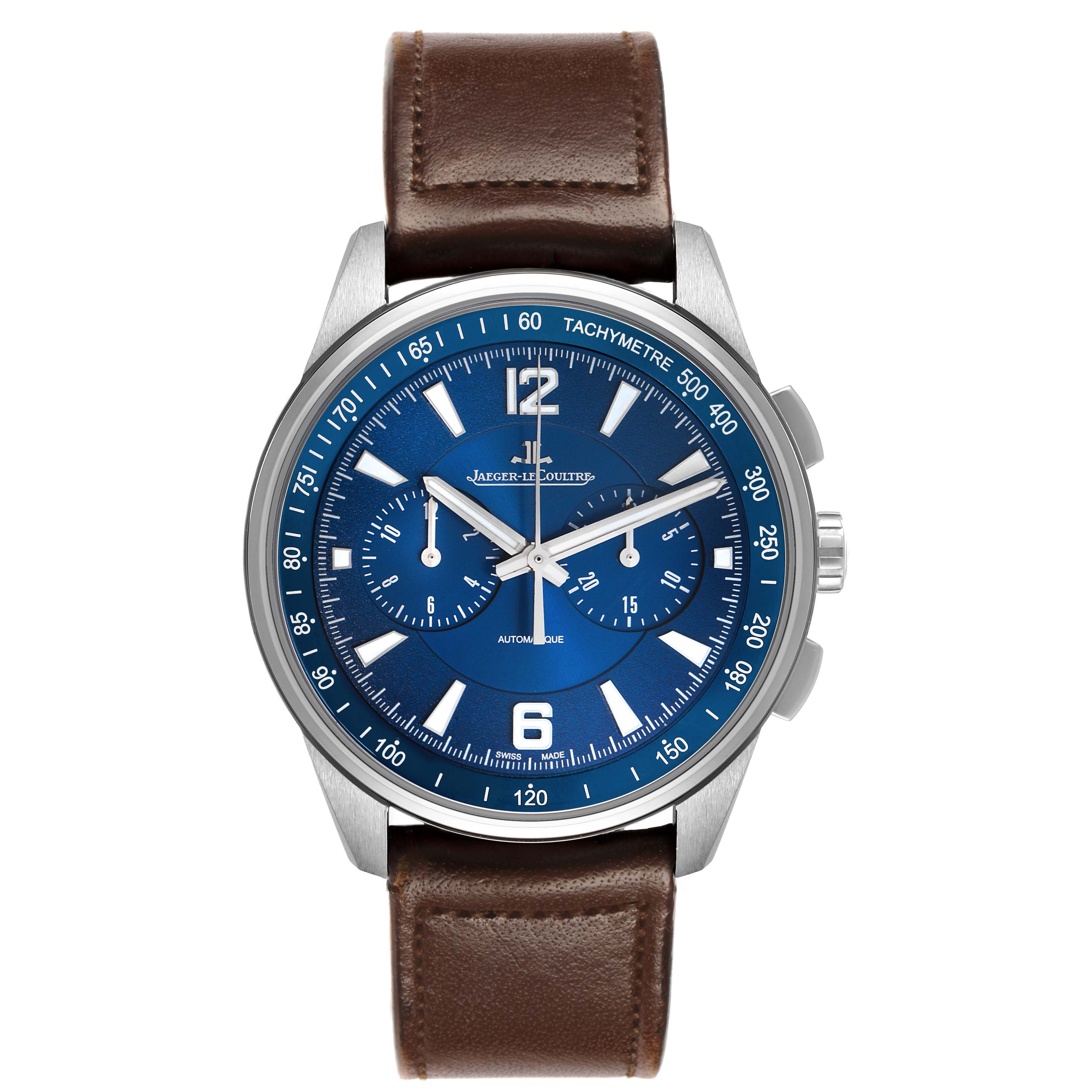 The Jaeger LeCoultre Polaris Q9028480 Men's Stainless Steel Blue Dial watch is shown from a front angle, featuring a blue dial, subdials, tachymeter, and a brown leather strap.