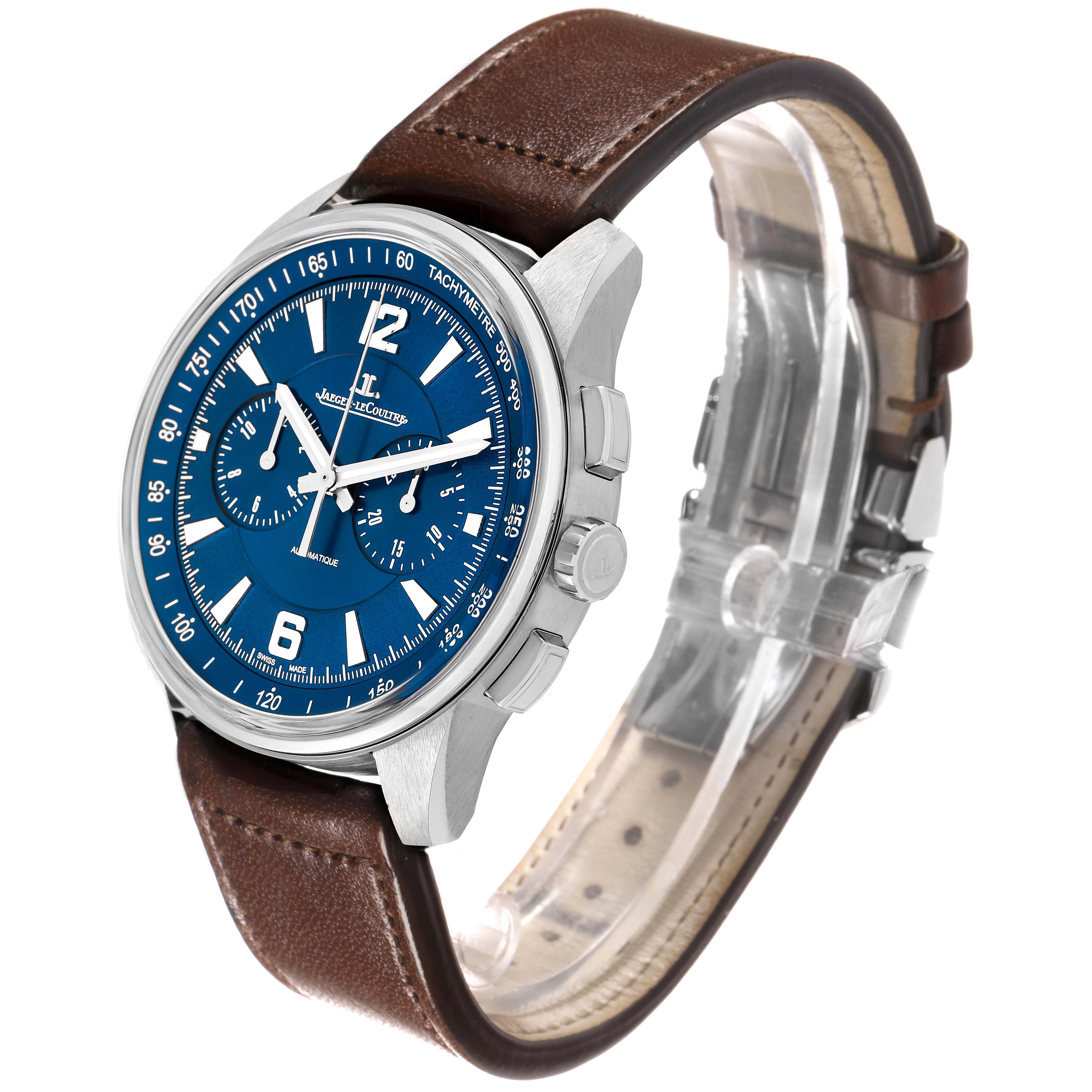 The Jaeger-LeCoultre Polaris watch is shown at a three-quarter angle, displaying its blue dial, side crown, and brown leather strap.