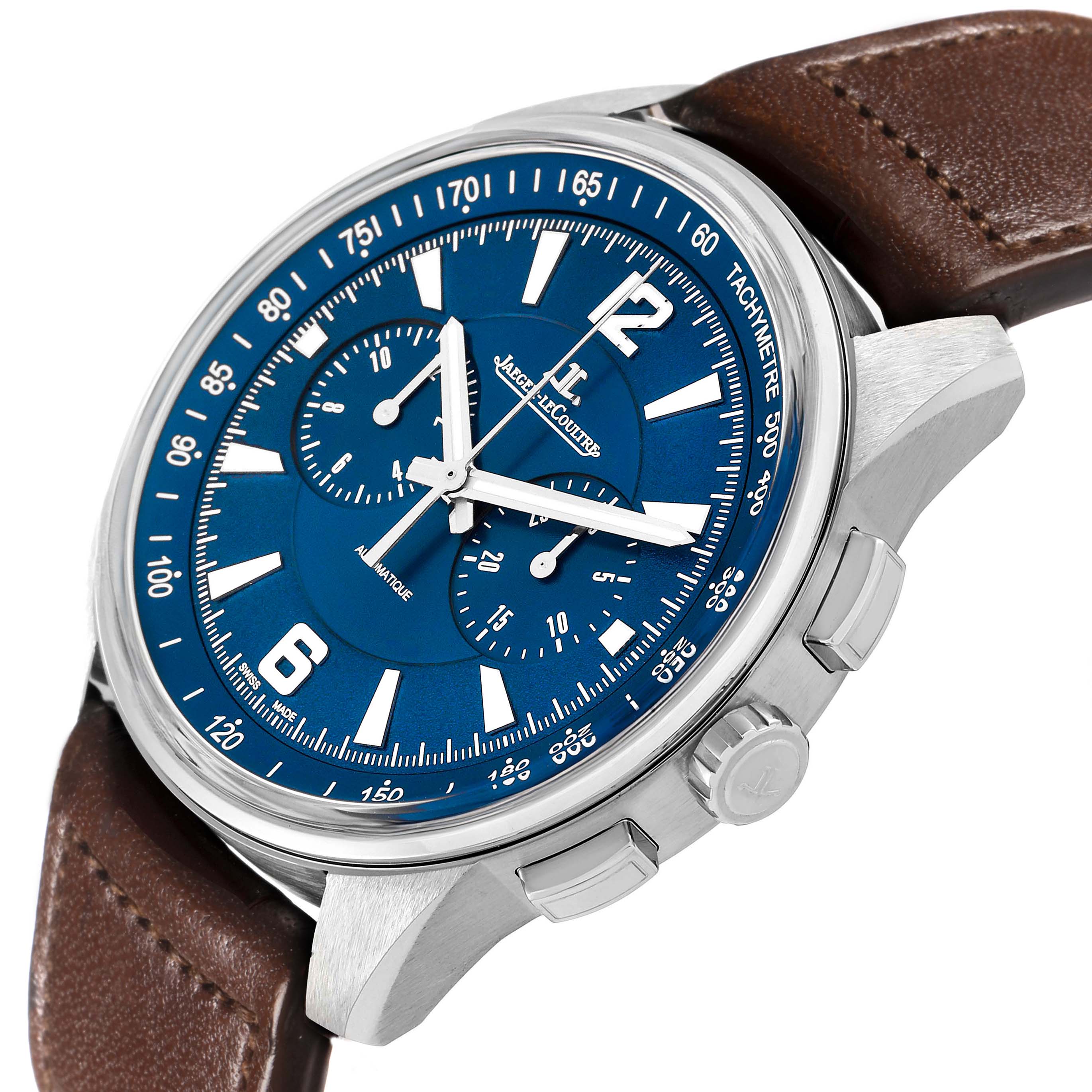 The watch is a Jaeger LeCoultre Polaris Q9028480 Men's Stainless Steel Blue Dial, shown at a slight angle highlighting the blue dial, chronograph subdials, and brown strap.