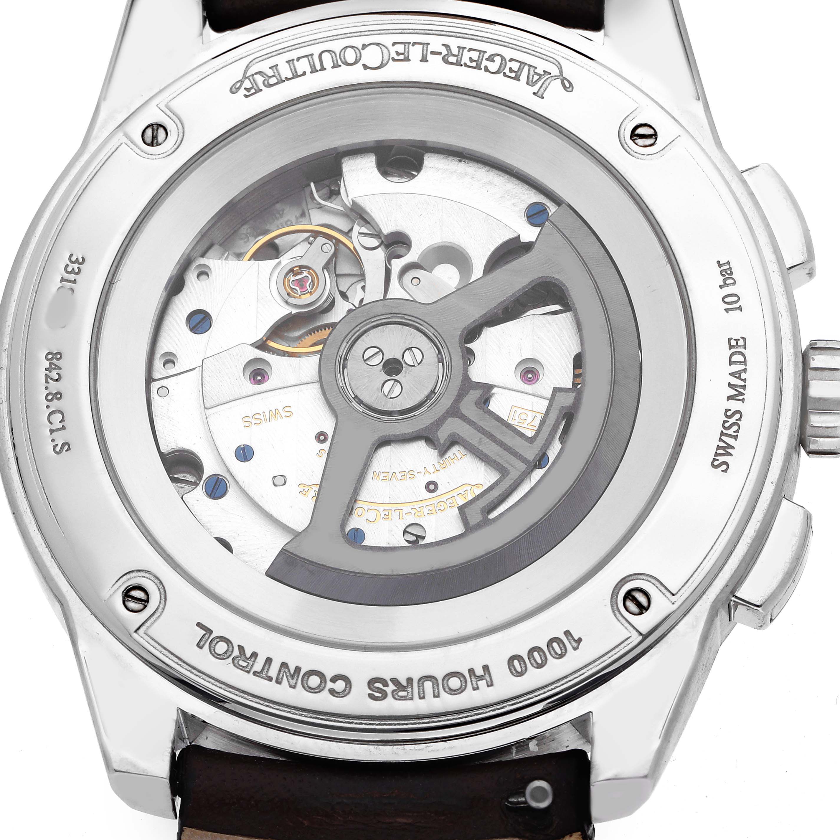 The image shows the back of the Jaeger-LeCoultre Polaris watch, highlighting its mechanical movement and case engravings.