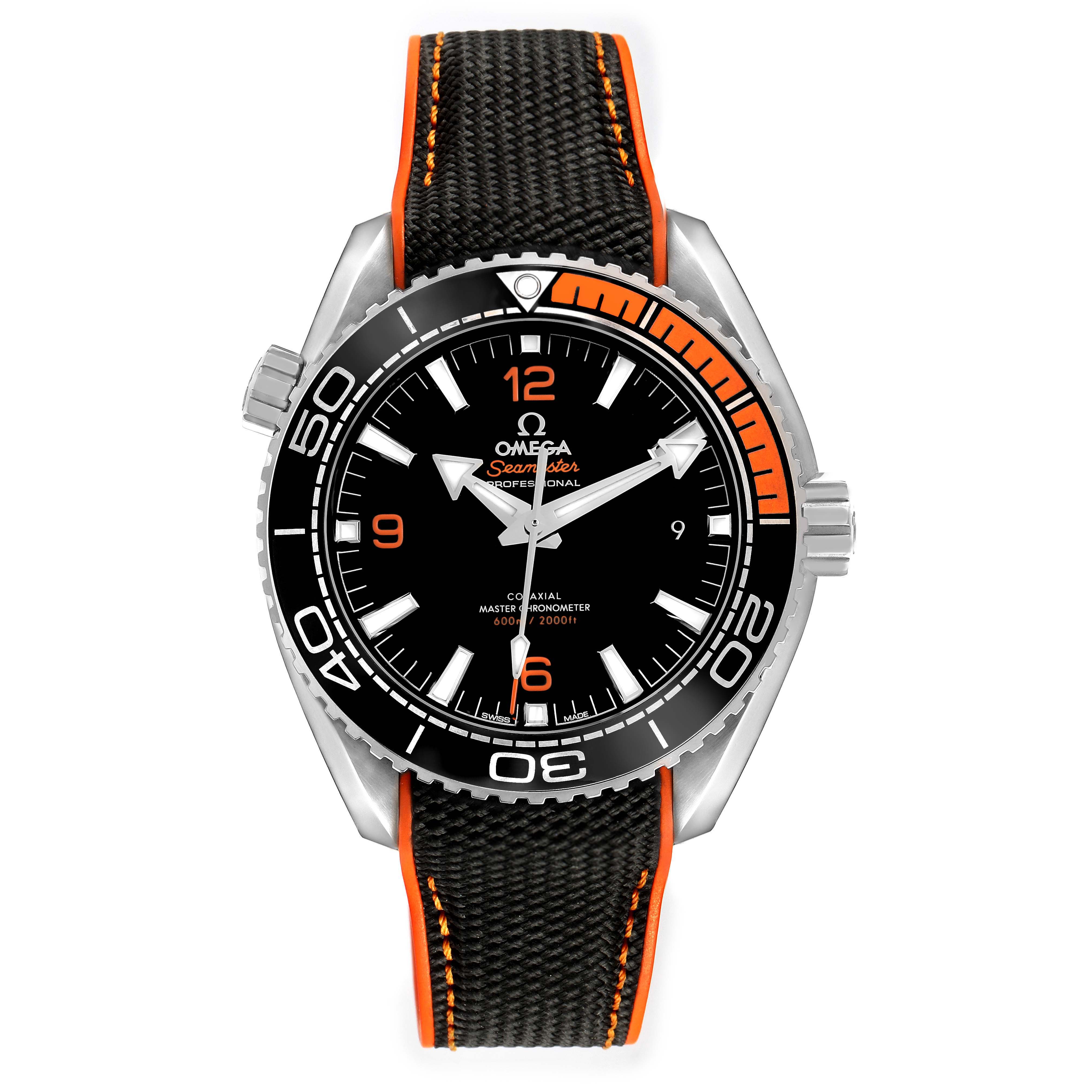 The image shows a front view of the Omega Planet Ocean 215.32.44.21.01.001 Men's Stainless Steel Black Dial watch, highlighting the dial, bezel, and strap with orange accents.