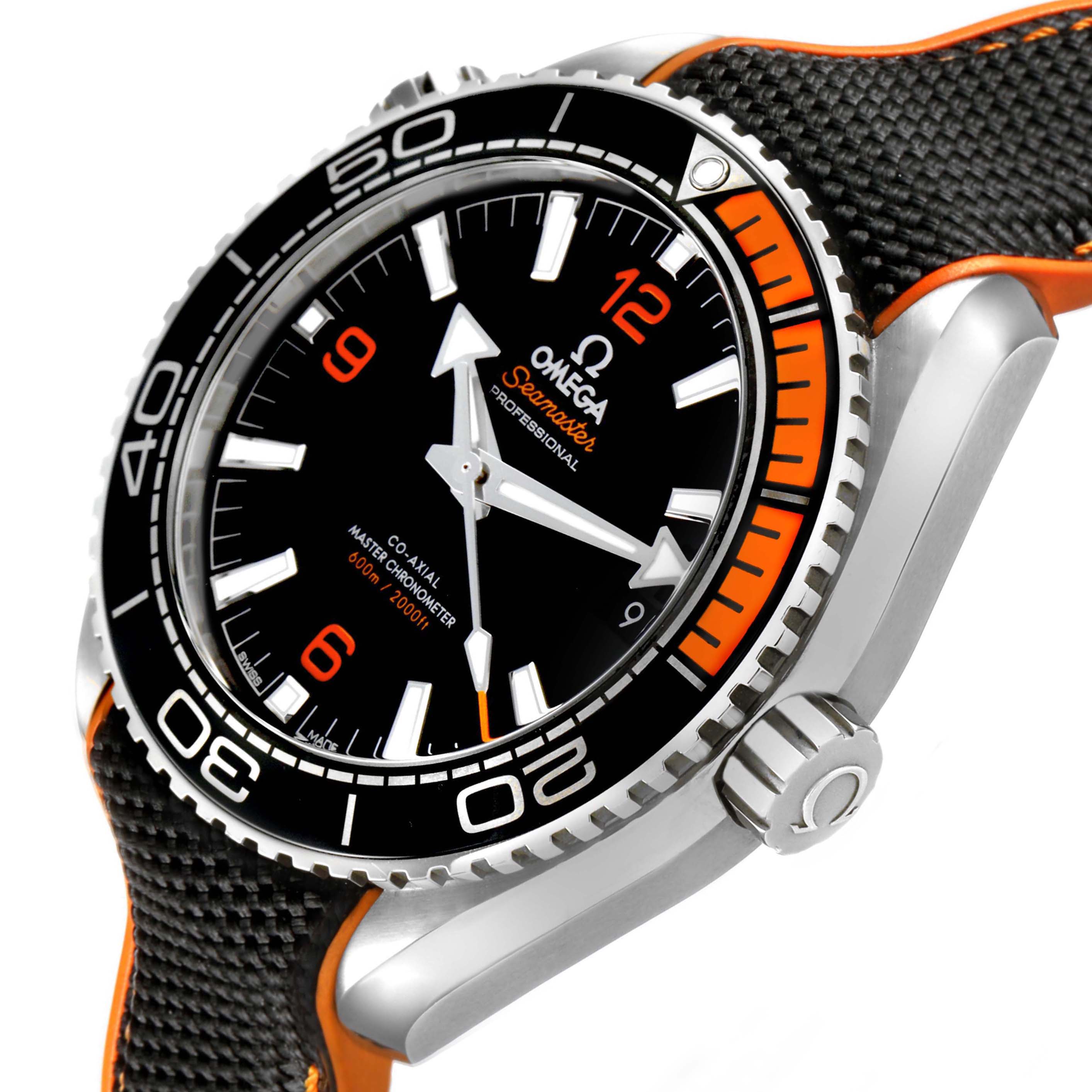 The Omega Planet Ocean 215.32.44.21.01.001 Men's Stainless Steel Black Dial watch is shown at an angled close-up, highlighting the bezel, dial, crown, and strap details.